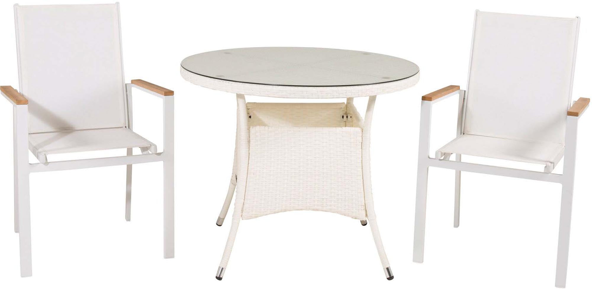 Stilvolles Volta Outdoor-Tischset + Texas: 90cm runder Tisch, 2 komfortable Stühle, wetterfestes Textilene, ideal für Terrasse.