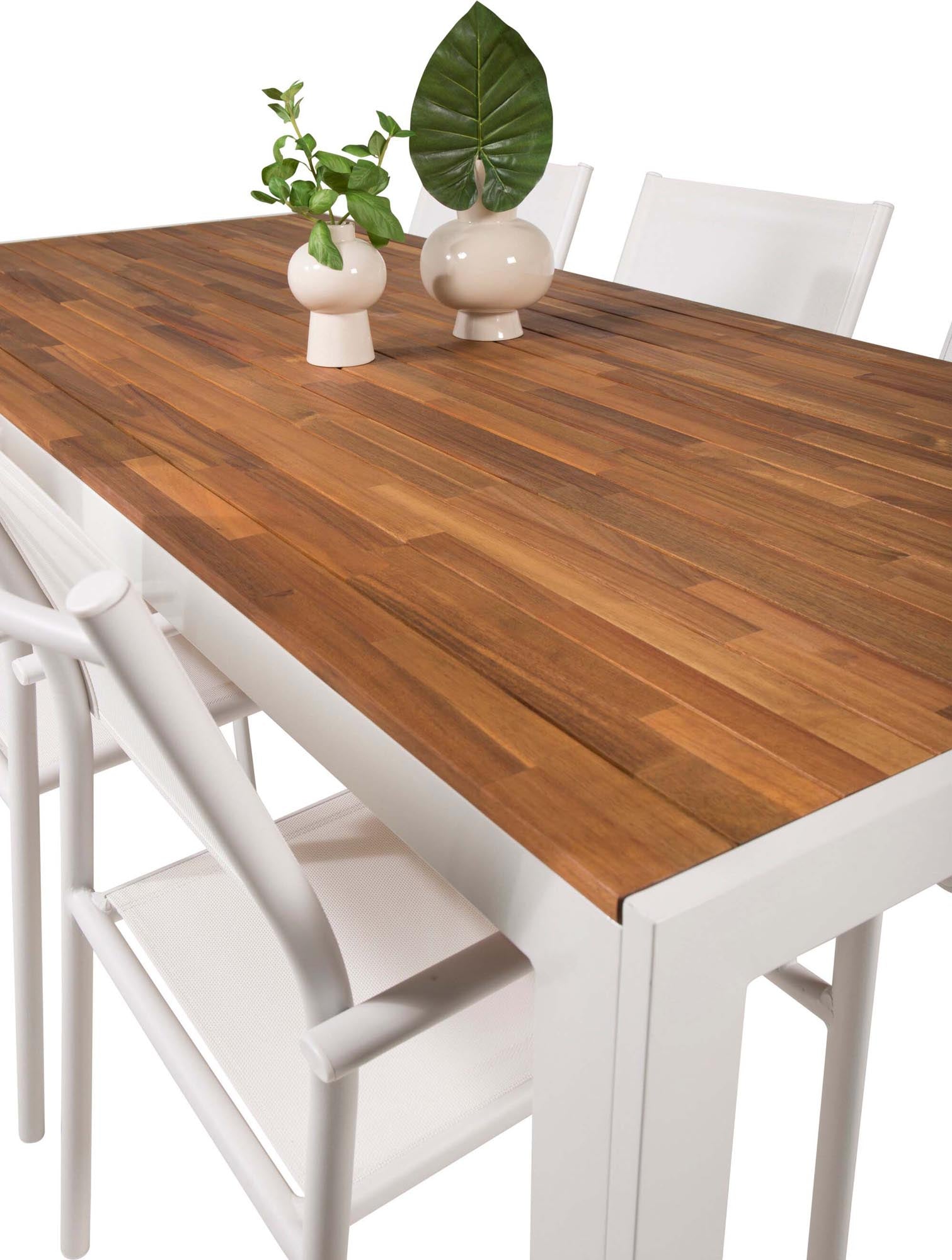 Stilvolles Bois Outdoor-Tischset mit 200 cm Esstisch und 6 stapelbaren Santorini-Stühlen für unvergessliche Sommerabende im Freien.