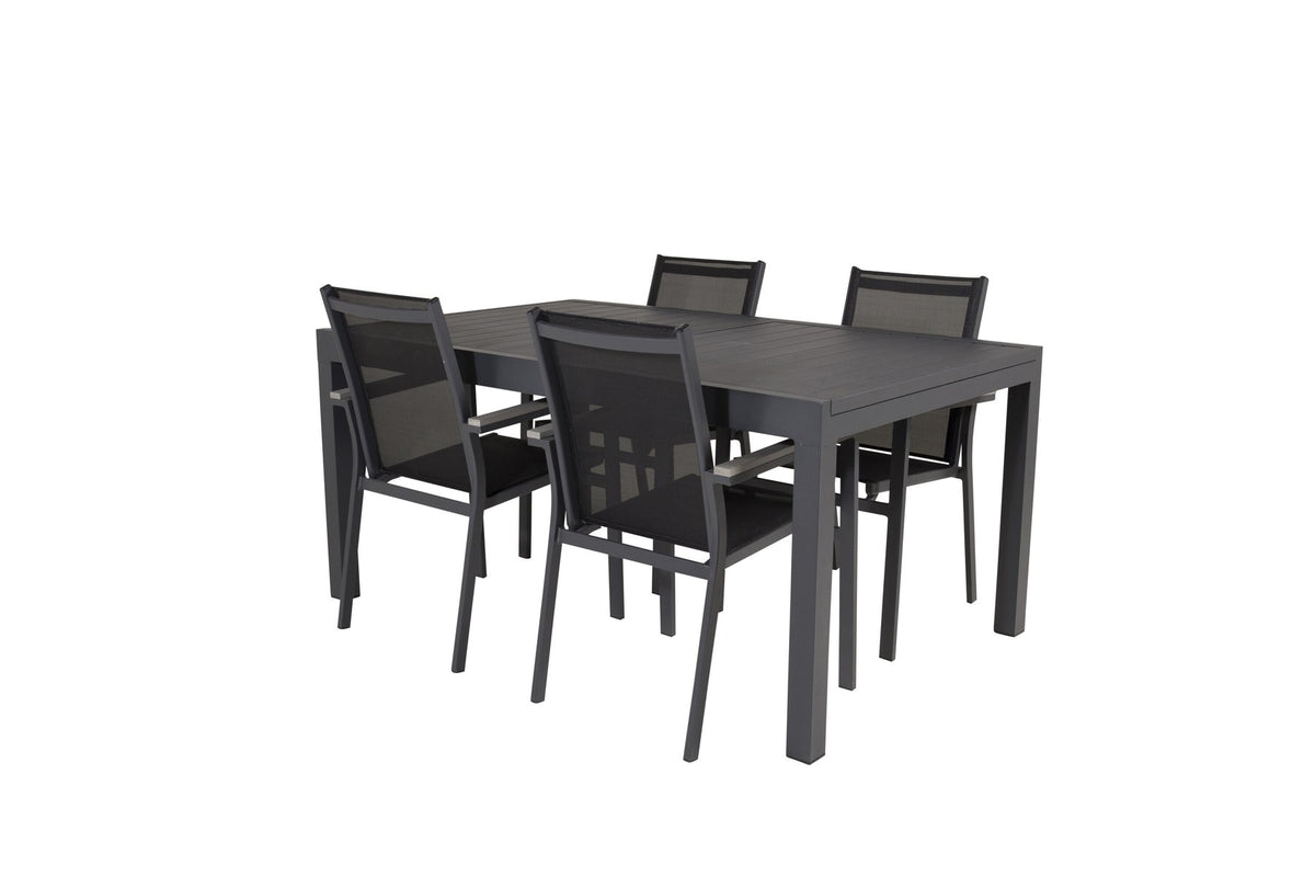 Schwarzes Gartentischset aus Aluminium: ausziehbarer Marbella Tisch mit stapelbaren Parma Armstühlen, pulverbeschichtete Oberfläche.