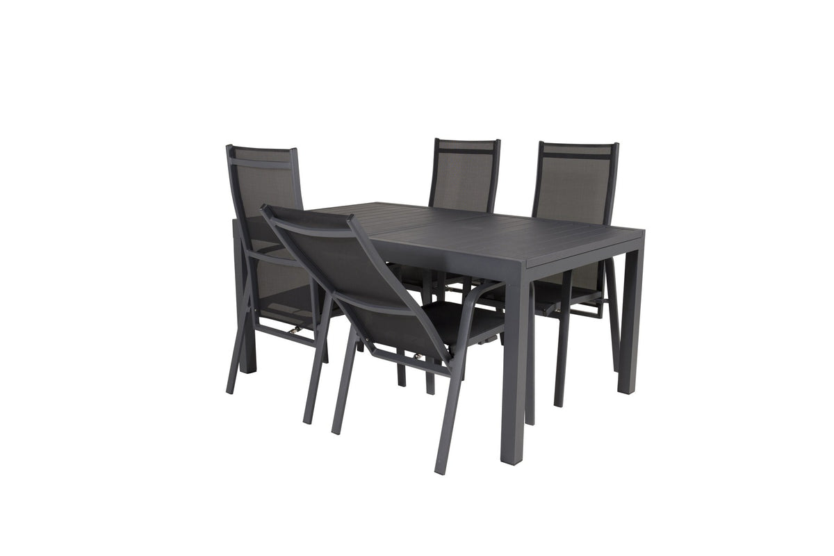 Schwarzes Aluminium-Gartentischset Marbella mit ausziehbarer Tischplatte und acht pulverbeschichteten Copacabana-Stühlen im Outdoor-Bereich