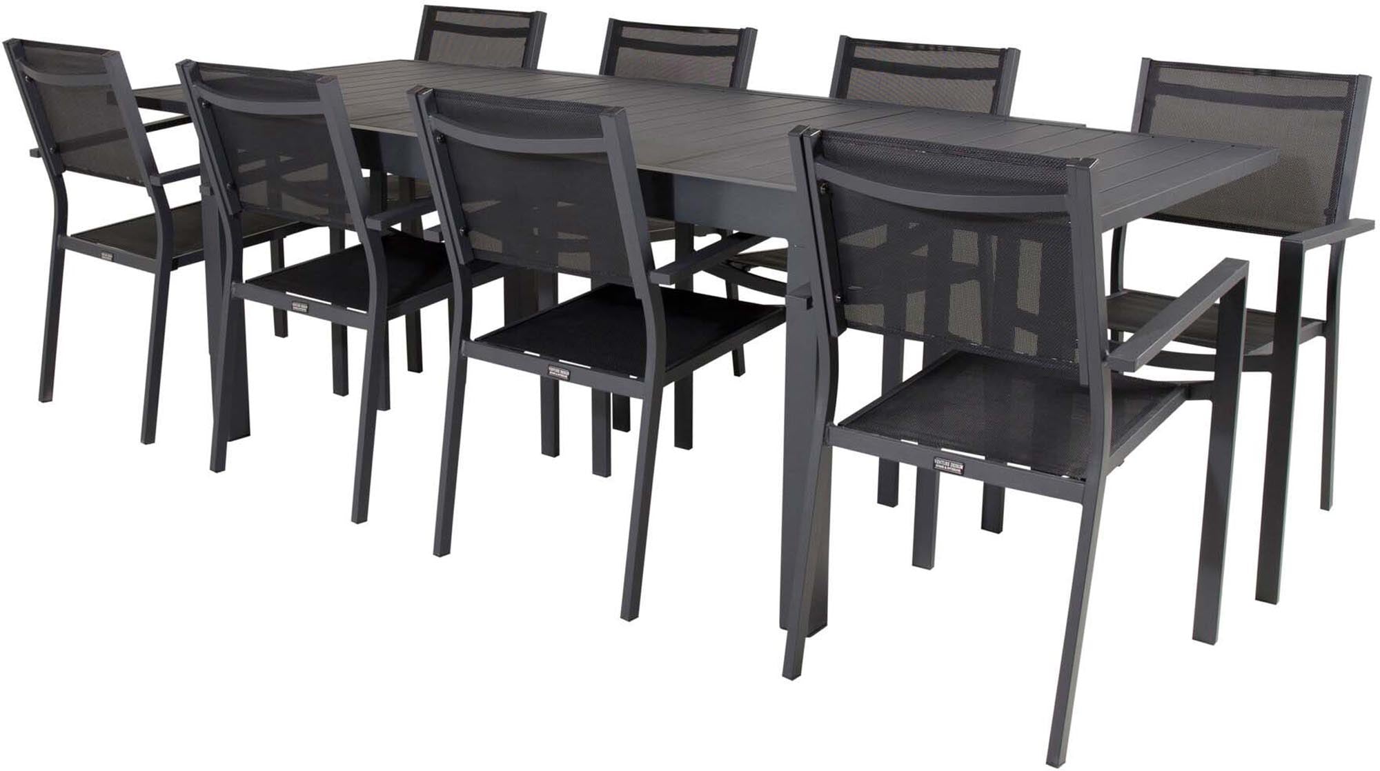 Marbella Outdoor-Tischset ausziehbar + Copacabana Stacking 240cm/8St. in Schwarz präsentiert im Onlineshop von KAQTU Design AG. Gartentischset ist von Venture Home
