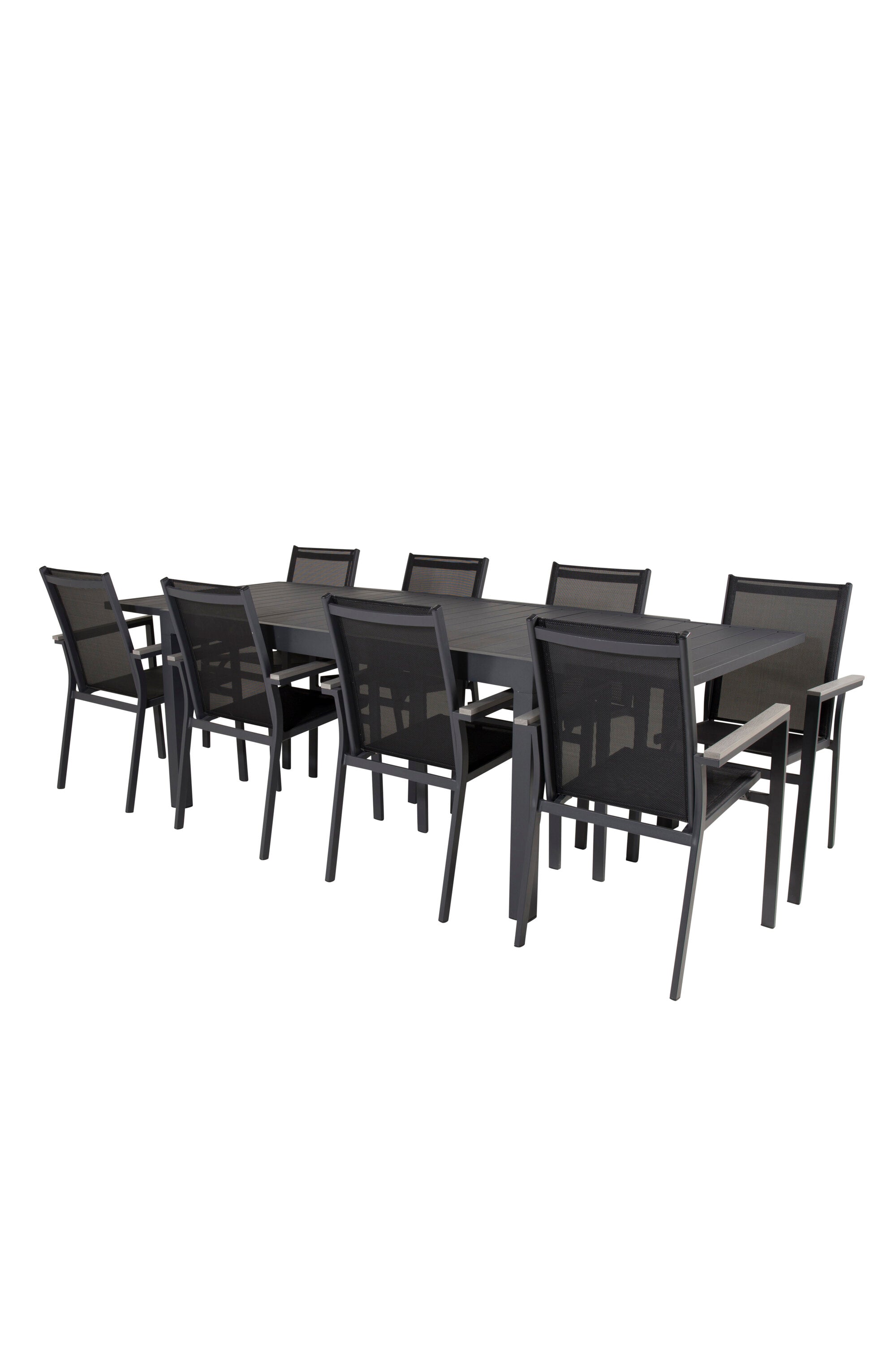 Marbella Gartentisch 160/240 + Parma Arm Stuhl (stapelbar) in Schwarzgrau präsentiert im Onlineshop von KAQTU Design AG. Gartentischset ist von Venture Home