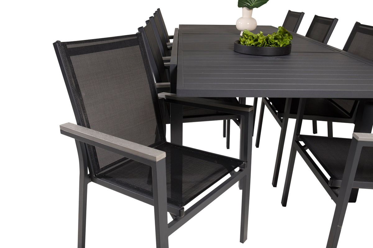 Marbella Gartentisch 160/240 + Parma Arm Stuhl (stapelbar) in Schwarzgrau präsentiert im Onlineshop von KAQTU Design AG. Gartentischset ist von Venture Home