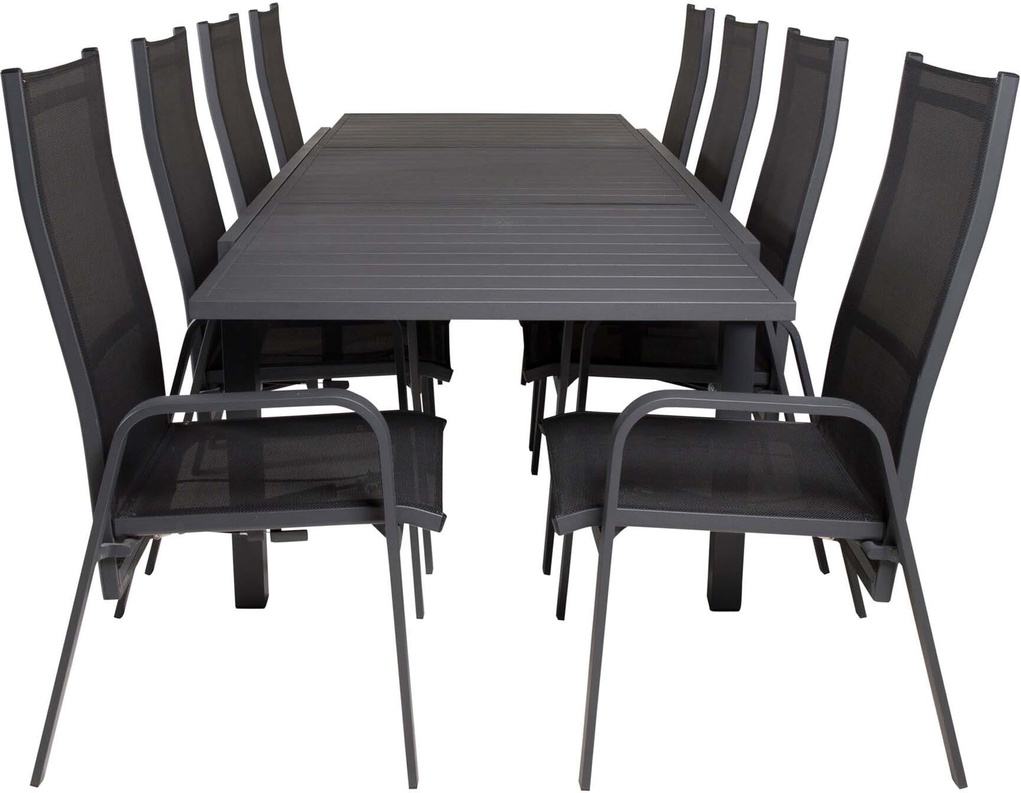 Stilvolles Marbella Outdoor-Tischset, ausziehbar, mit 8 Copacabana Recliner-Stühlen, ideal für Balkon und Terrasse.