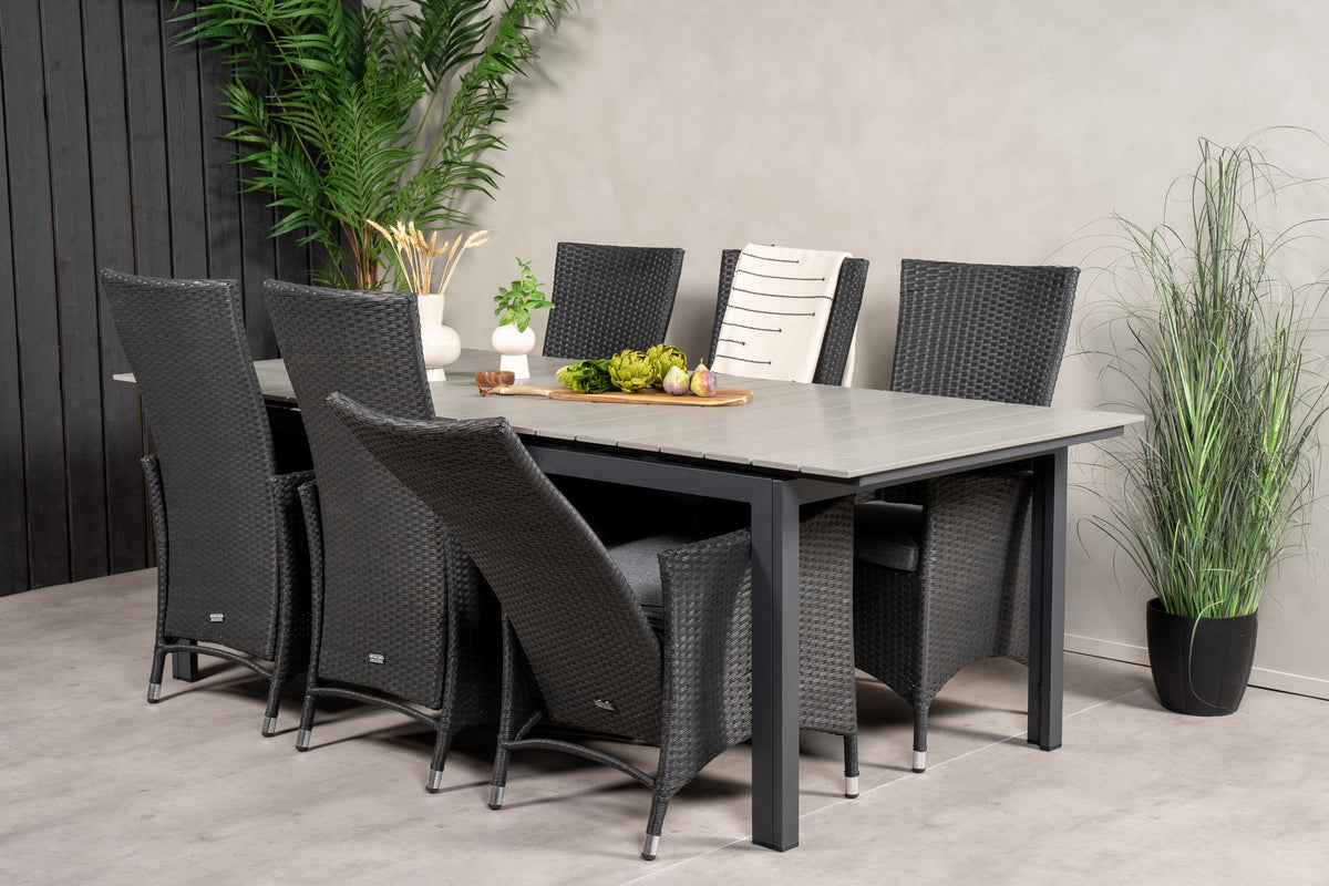 Levels & Padova Gartentischset mit rechteckigem Tisch aus Aintwood und zwei schwarzen Relaxstühlen
