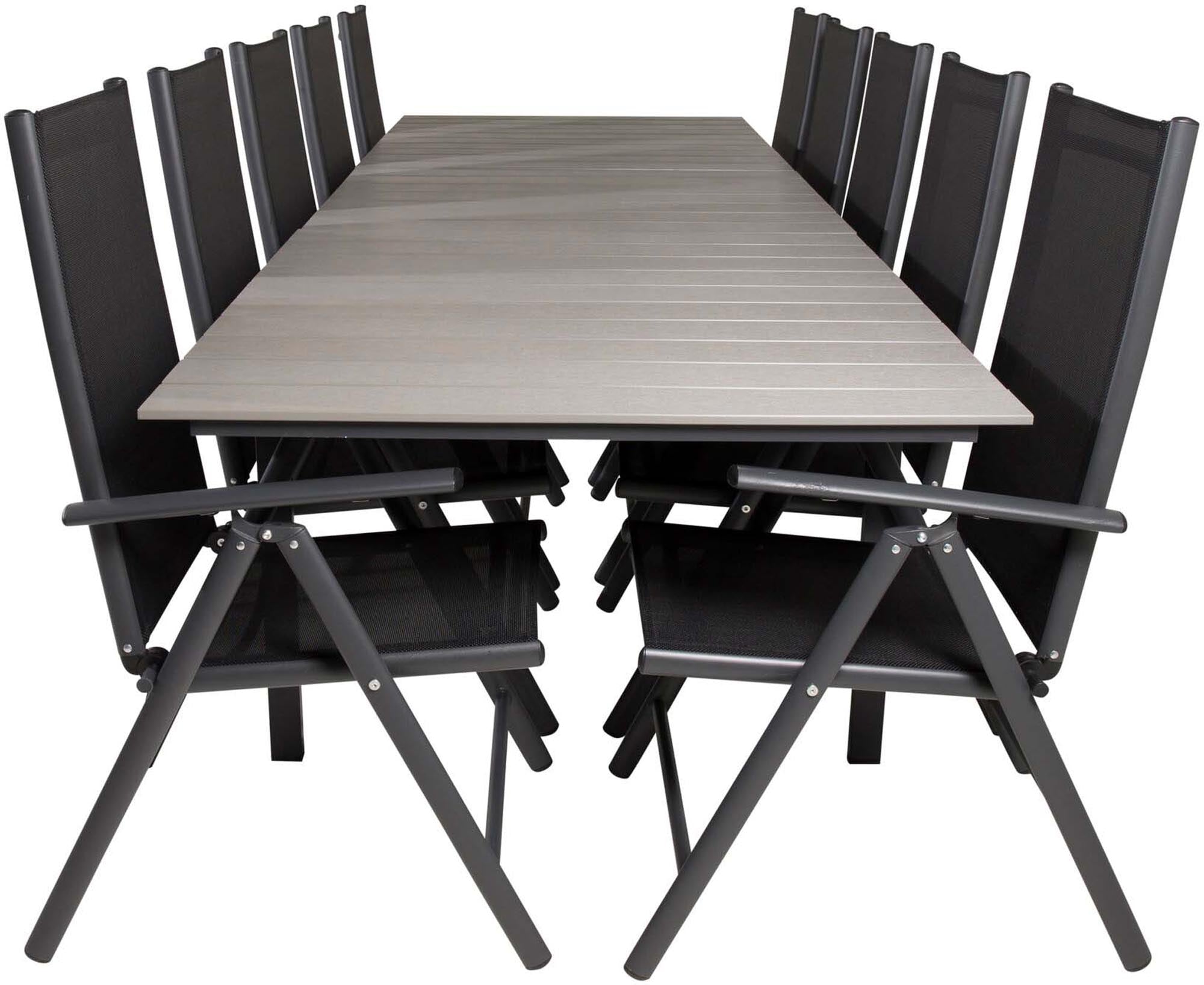 Stilvolles, langlebiges Outdoor-Tischset von Venture Home: 224cm Tisch, 8 verstellbare Stühle, wetterfestes Textilene.