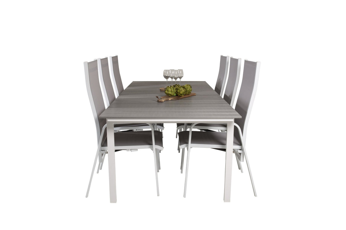 Gartentischset mit ausziehbarem Levels Esstisch aus Aluminium und Aintwood sowie acht stapelbaren Copacabana Stühlen mit grauem Textilene-Bezug.