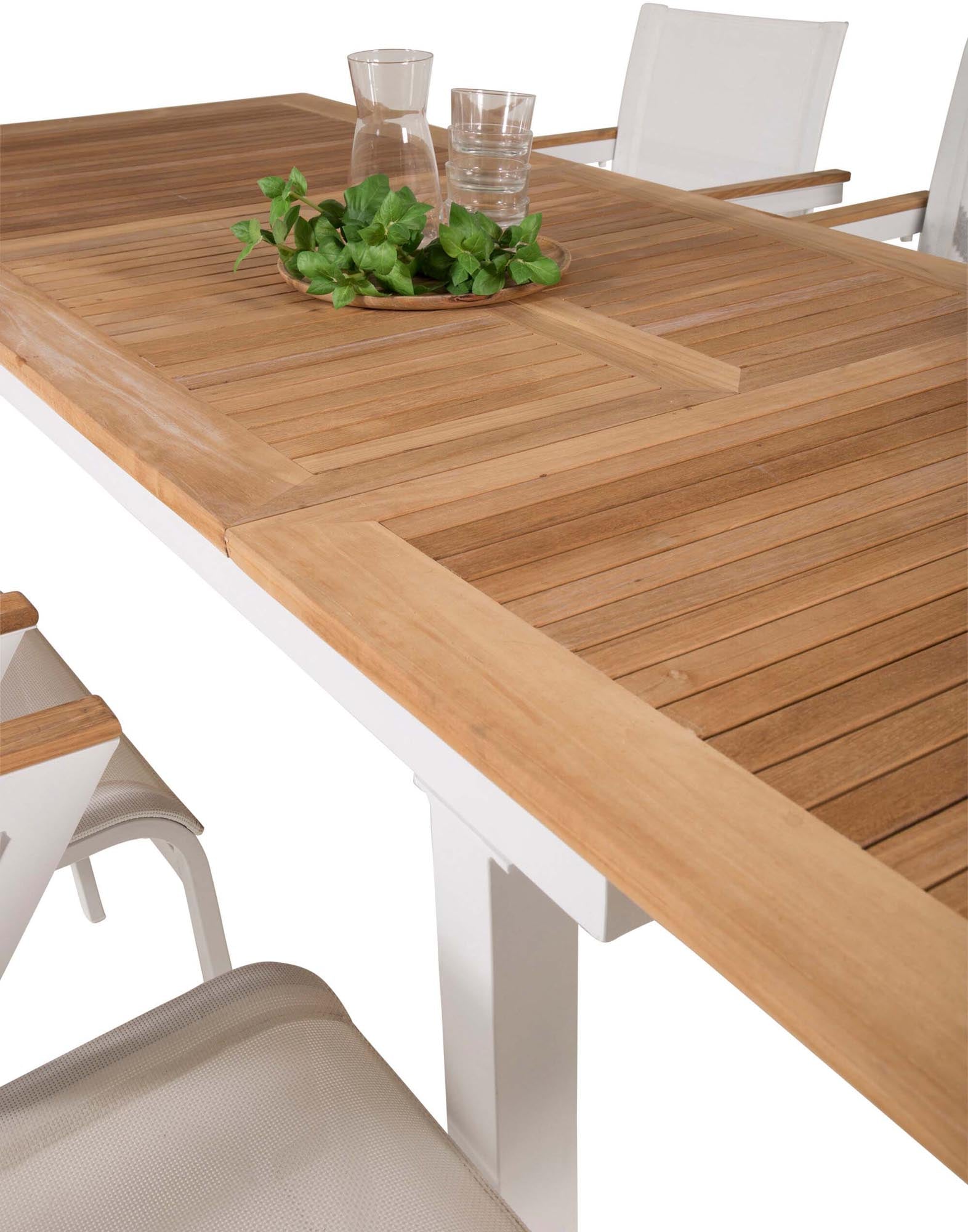 Elegantes Gartenset: Teakholz-Tisch & 6 Mexico-Stühle aus Textilene, ideal für stilvolle Outdoor-Abende.