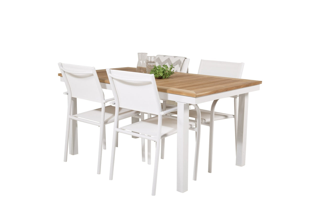 Weisses Gartentischset Santorini & Panama von Venture Home: zwei Stühle aus Aluminium und rechteckiger Tisch mit Teak-Tischplatte.
