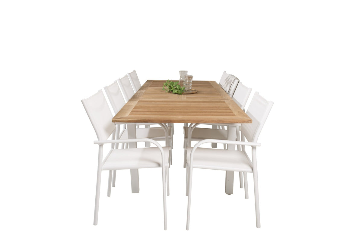 Weisses Gartentischset Santorini & Panama von Venture Home: zwei Stühle aus Aluminium und rechteckiger Tisch mit Teak-Tischplatte.