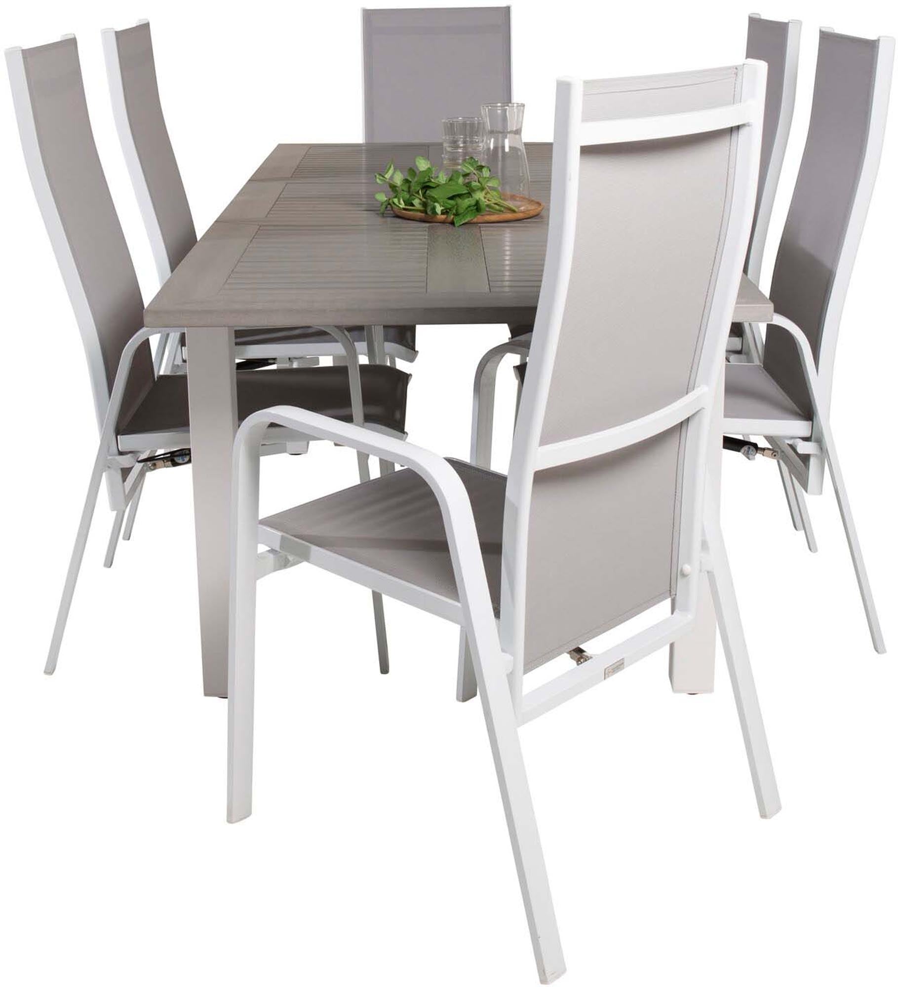 Albany Outdoor-Gartentischset ausziehbar + Copacabana 152cm/6St. in Grau weiss präsentiert im Onlineshop von KAQTU Design AG. Gartentischset ist von Venture Home