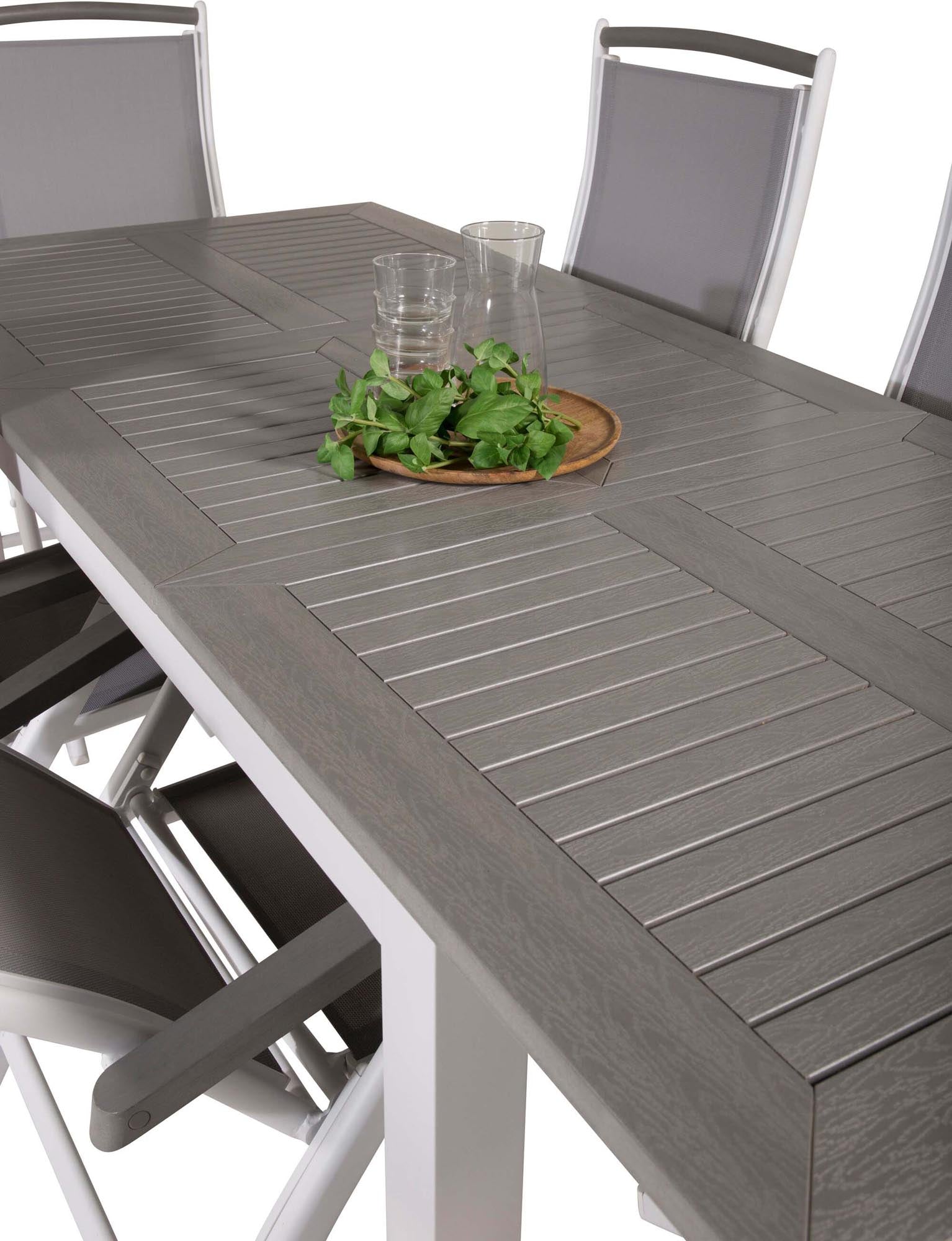 Elegantes Albany Outdoor-Gartentischset: Ausziehbarer Tisch, 6 klappbare Stühle, wetterfestes Textilene, ideal für Terrasse und Garten.