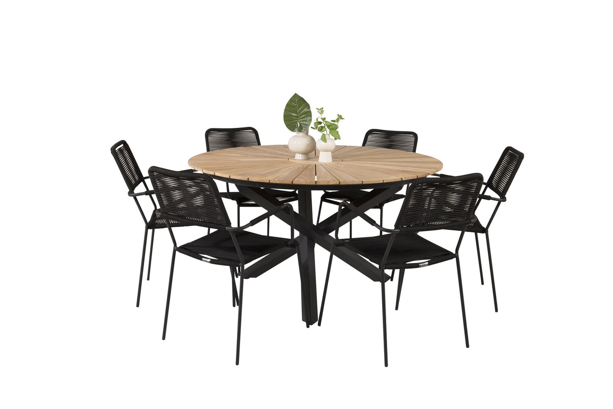 Rundes Gartentischset aus Teakholz und Aluminium: schwarzer Esstisch ⌀140 cm mit zwei Stühlen mit schwarz geflochtener Seilsitzfläche.