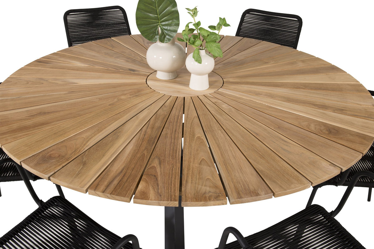 Rundes Gartentischset aus Teakholz und Aluminium: schwarzer Esstisch ⌀140 cm mit zwei Stühlen mit schwarz geflochtener Seilsitzfläche.