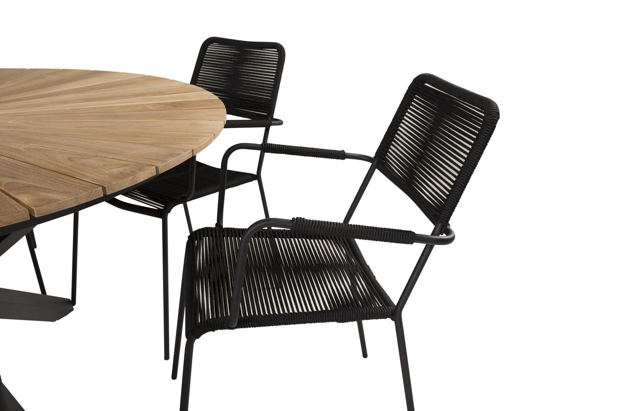 Rundes Gartentischset aus Teakholz und Aluminium: schwarzer Esstisch ⌀140 cm mit zwei Stühlen mit schwarz geflochtener Seilsitzfläche.
