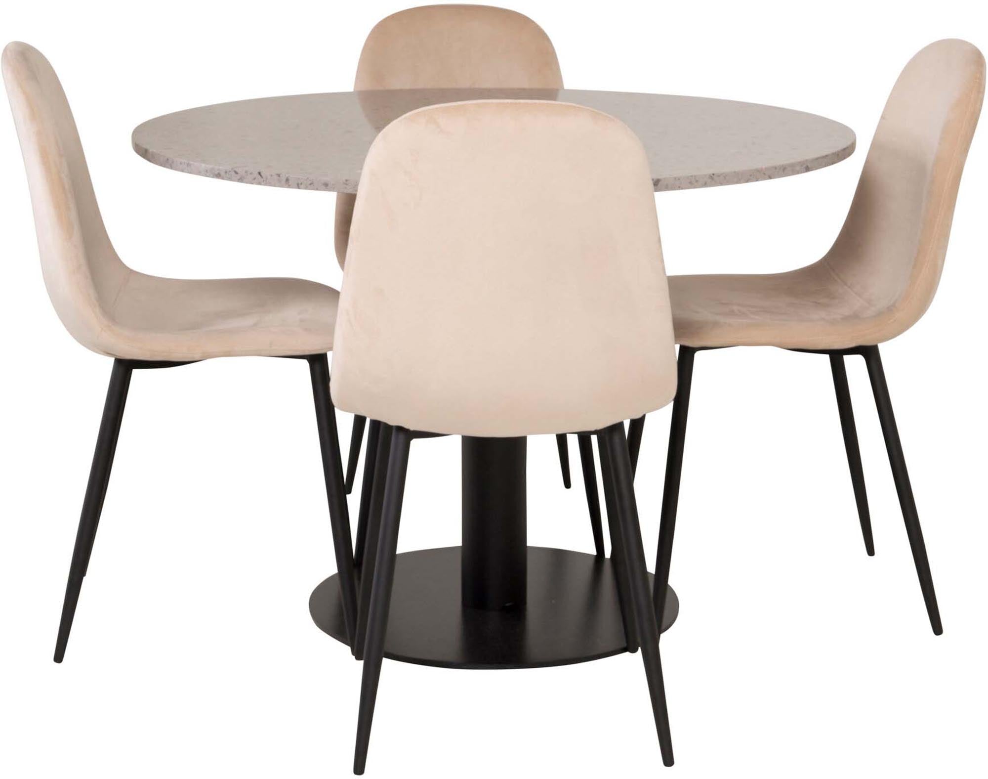 Entdecken Sie das Razzia Esszimmerset + Polar von Venture Home: eleganter runder Esstisch mit marmorierter Oberfläche und luxuriösen Samtstühlen. Ideal für stilvolle Esszimmer!