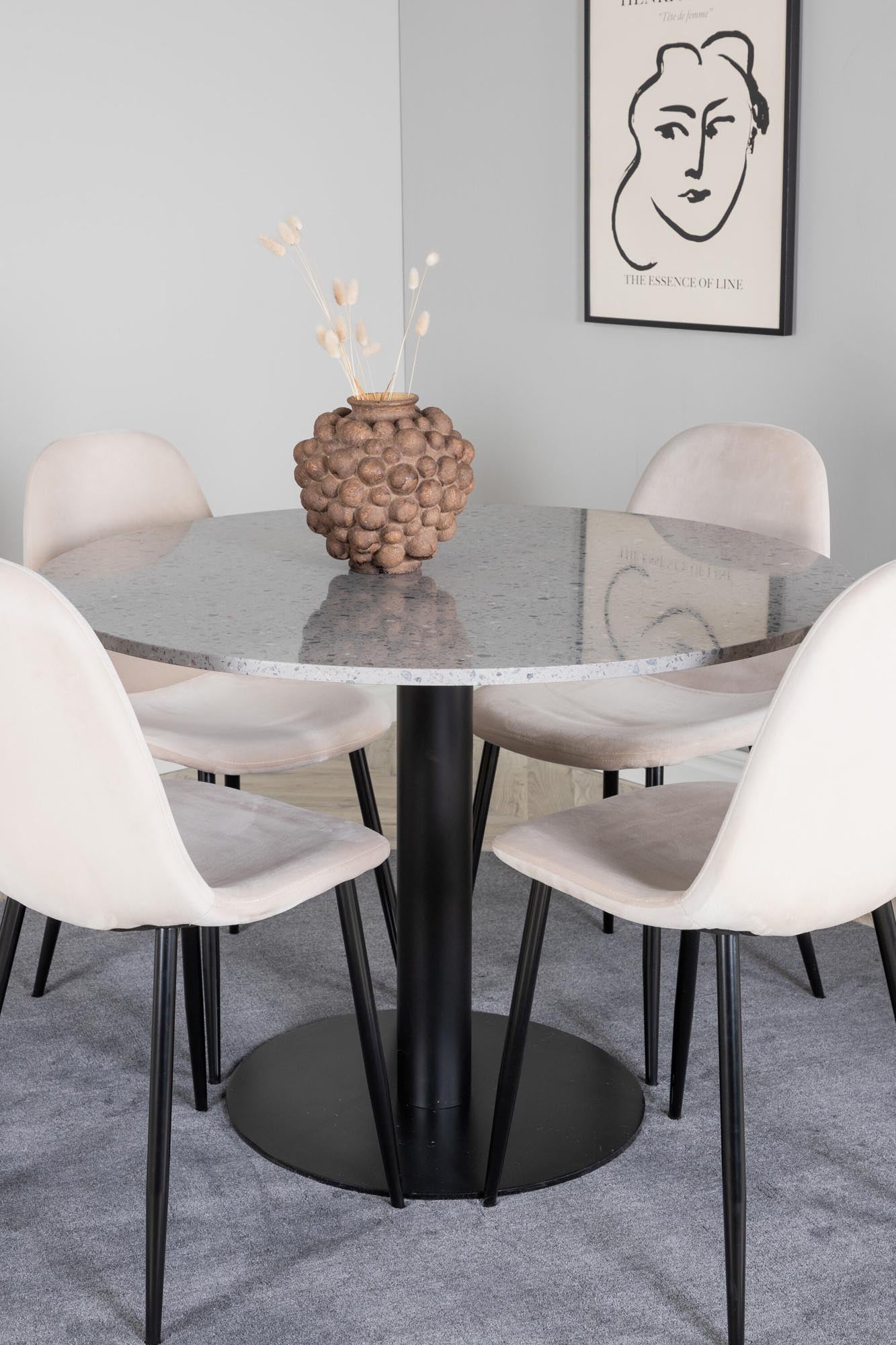 Elegantes Razzia Esszimmerset mit runder marmorierter Tischplatte und luxuriösen Samtstühlen für ein harmonisches Esszimmer.