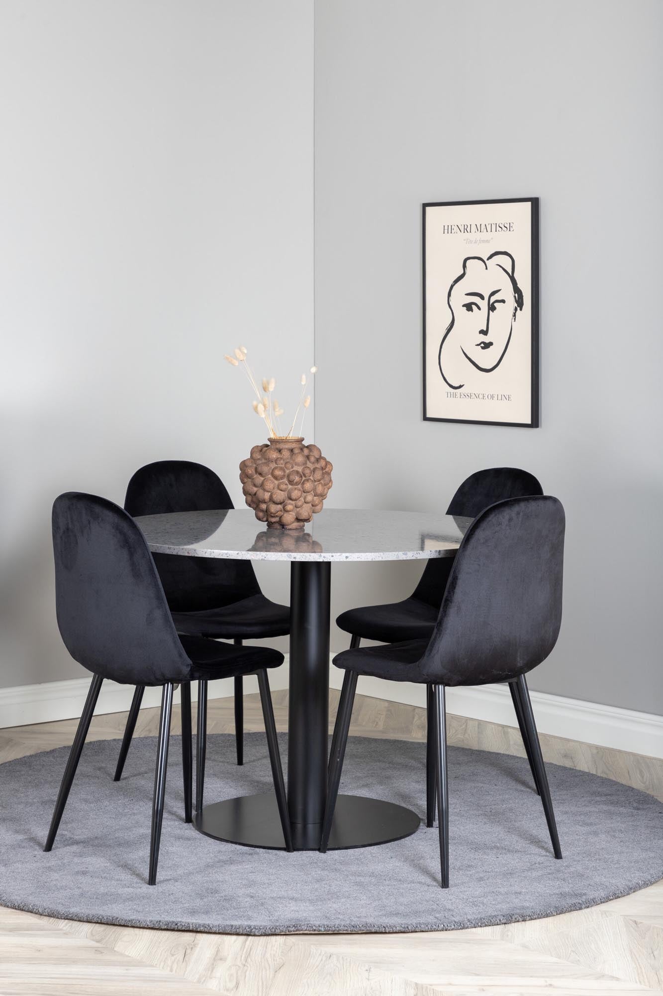 Elegantes Razzia Esszimmerset mit marmorierter Tischplatte und luxuriösen Samtstühlen. Ideal für stilvolle Esszimmer und gesellige Abende.