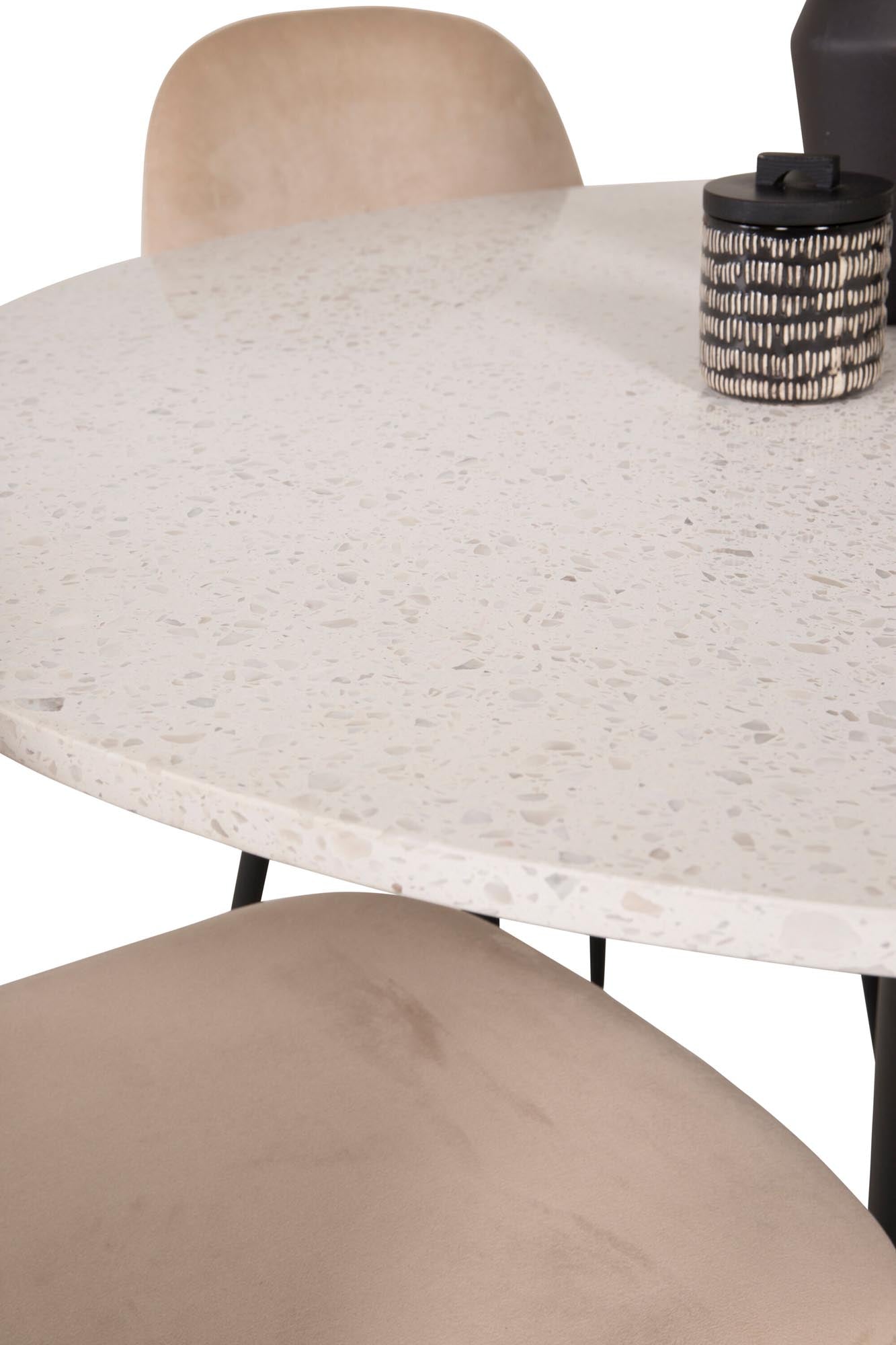 Entdecken Sie das Razzia Esszimmerset + Polar: Eleganter Esstisch mit marmorierter Oberfläche und luxuriösen Samtstühlen für Ihr Zuhause.