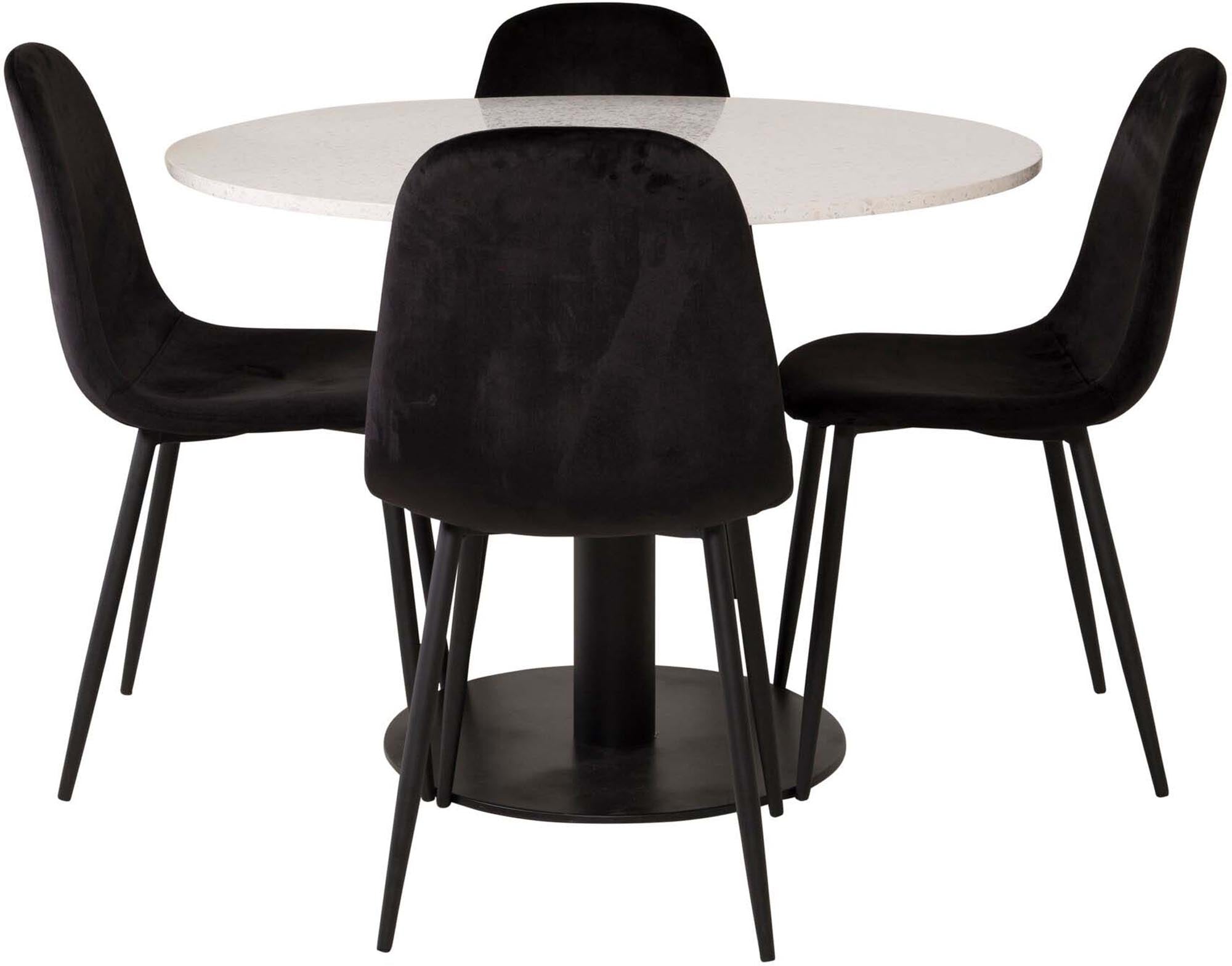 Erleben Sie das Razzia Esszimmerset + Polar: Ein runder Tisch mit marmorierter Oberfläche und bequemen Samtstühlen für stilvolle Esszimmermomente.