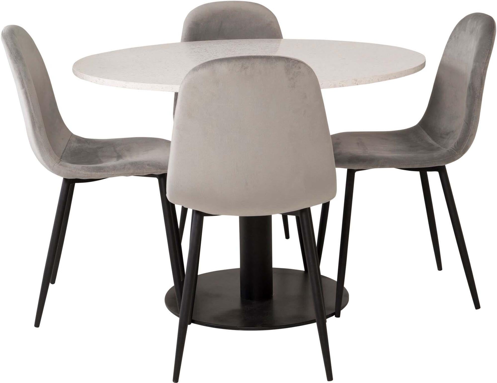 Entdecken Sie das Razzia Esszimmerset + Polar: Eleganz trifft Komfort mit einem stilvollen runden Tisch und luxuriösen Samtstühlen.