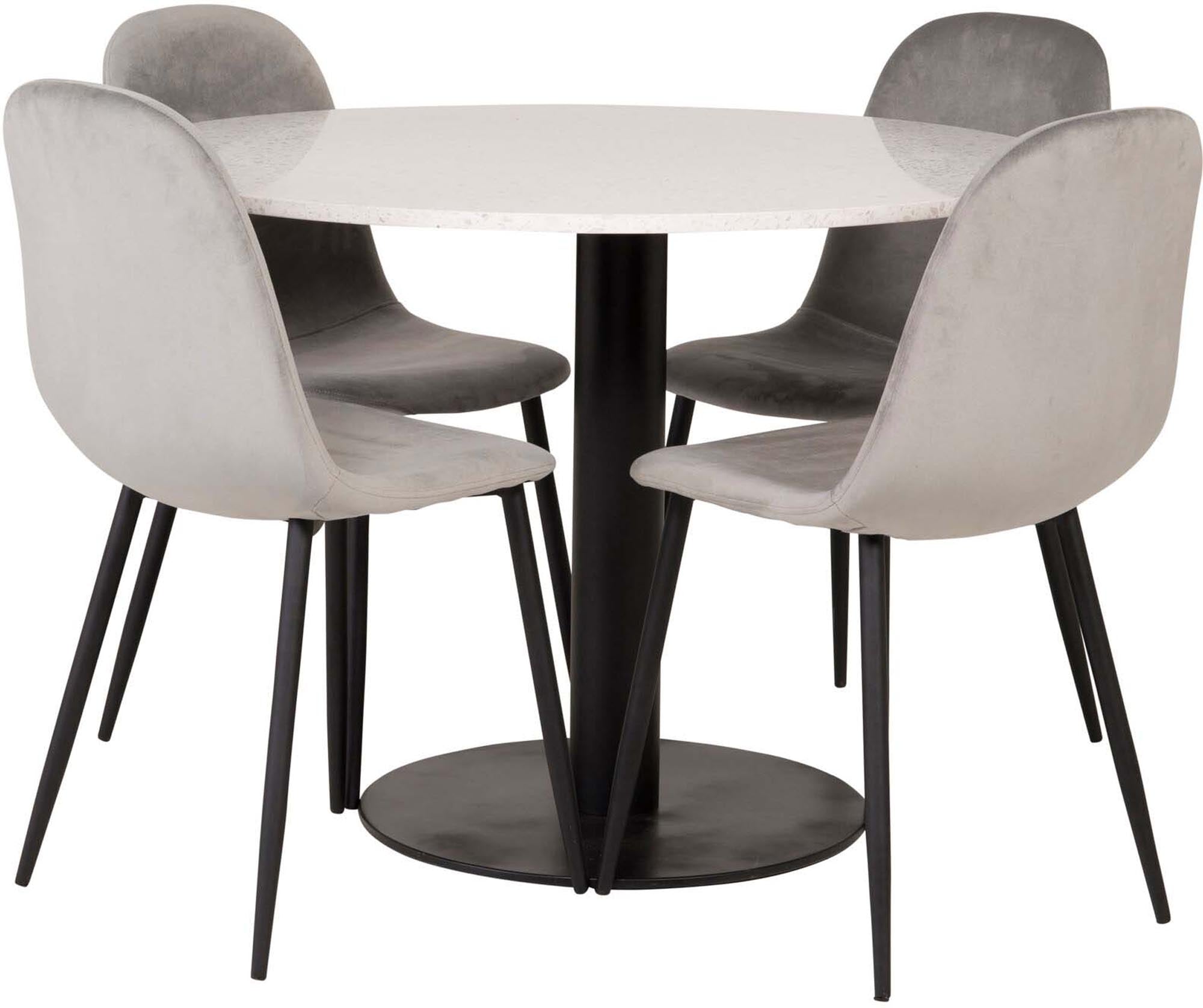Stilvolles Razzia Esszimmerset von Venture Home: runder Tisch mit marmorierter Oberfläche und luxuriösen Samtstühlen für Ihr modernes Zuhause.