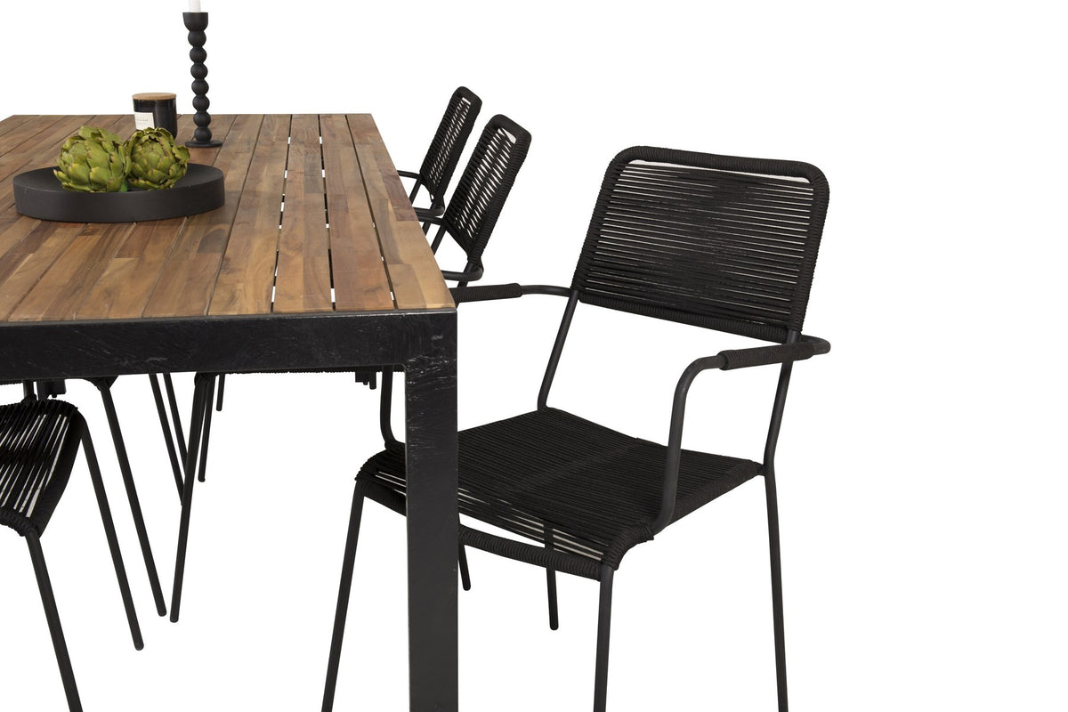 Gartentischset mit Tisch aus Akazienholz und Stahlbeinen sowie stapelbaren Stühlen mit pulverbeschichteter Oberfläche in Schwarz und Holz.
