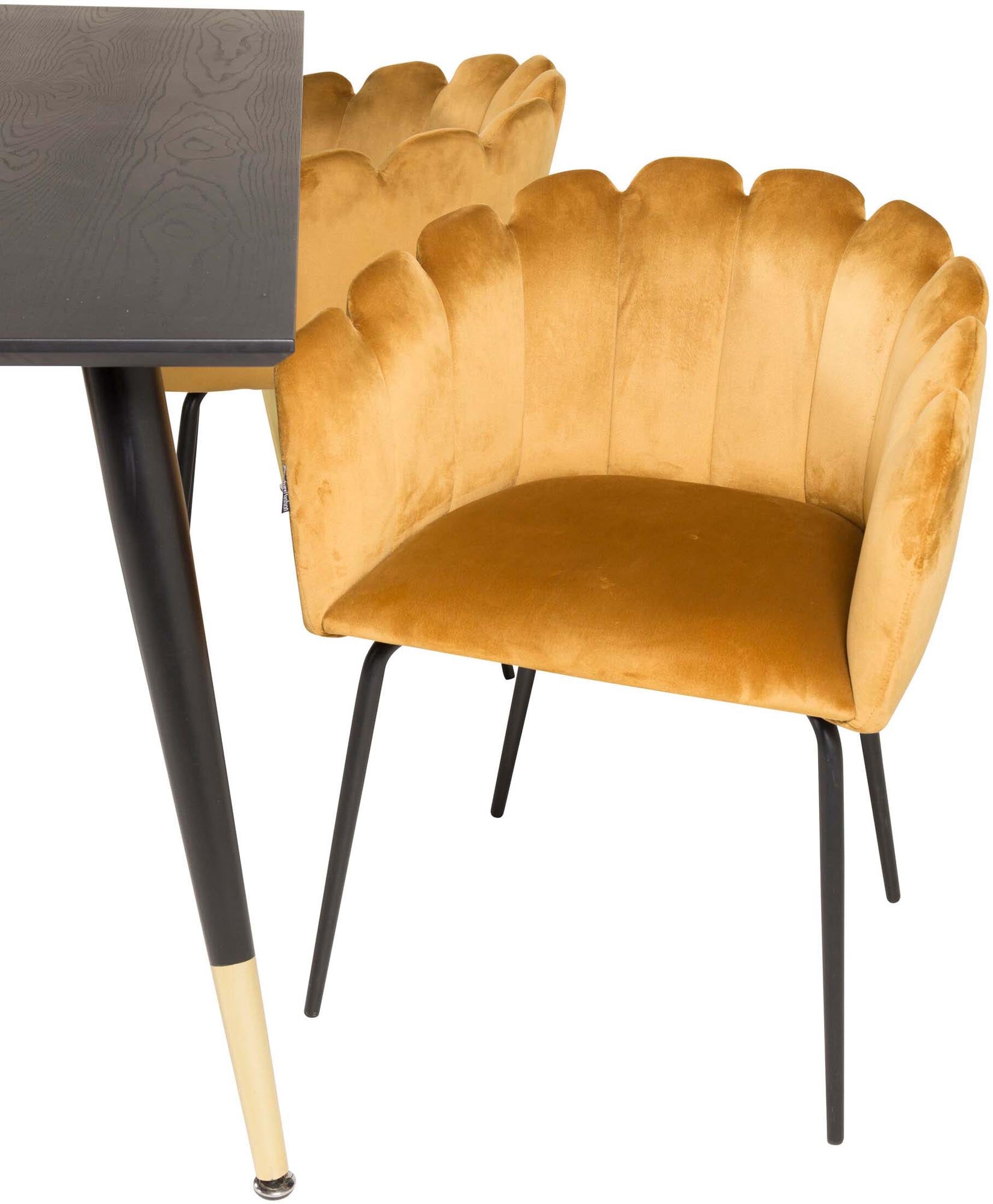 Elegantes Dipp Esszimmerset mit Limhamn-Stühlen: 180 cm Tisch, luxuriöser Samt, goldene Akzente – ideal für stilvolle Essbereiche.