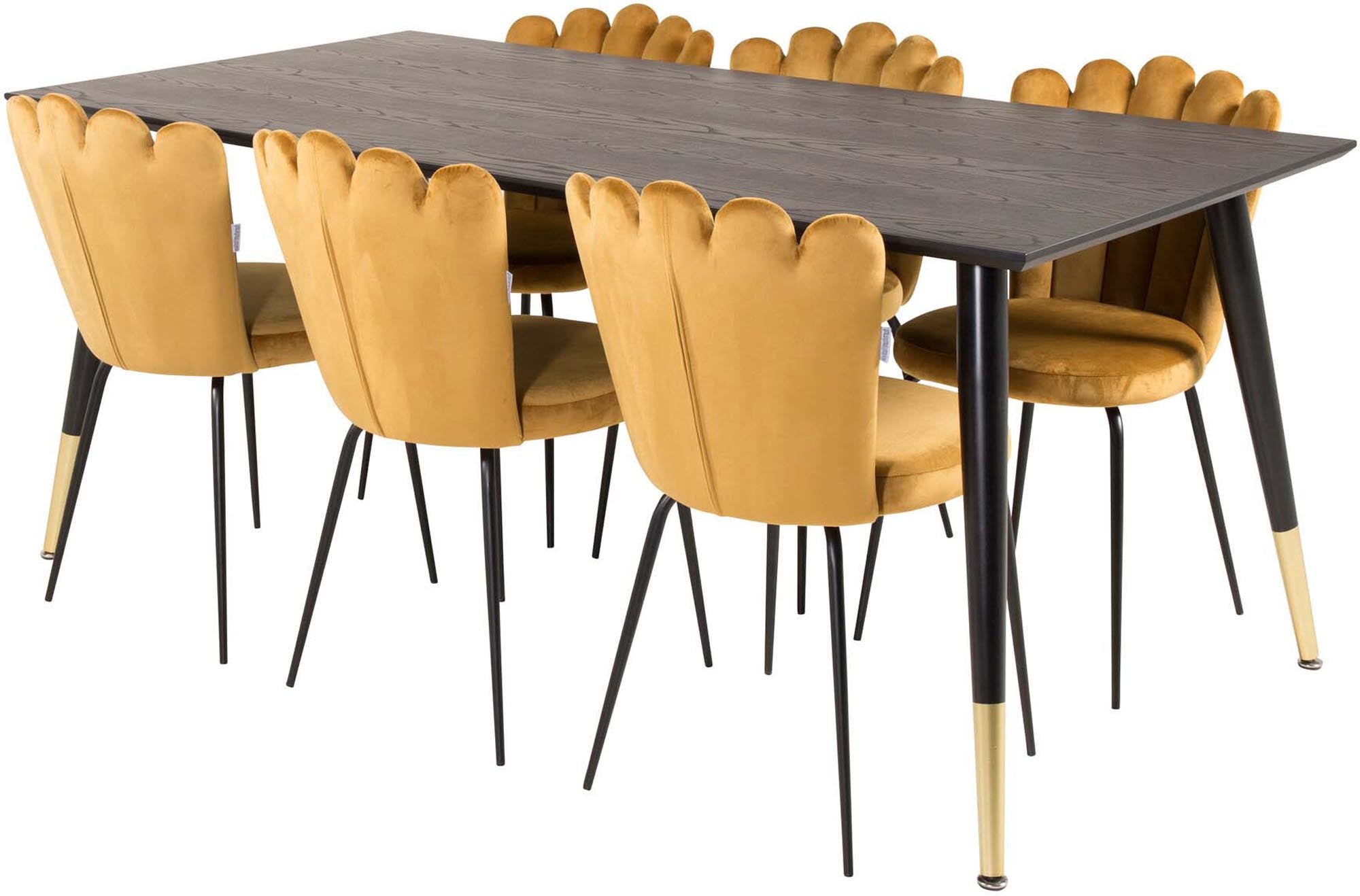 Elegantes Dipp Esszimmerset mit 180 cm Tisch und 6 luxuriösen Samtstühlen. Ideal für gesellige Abende und stilvolle Anlässe.