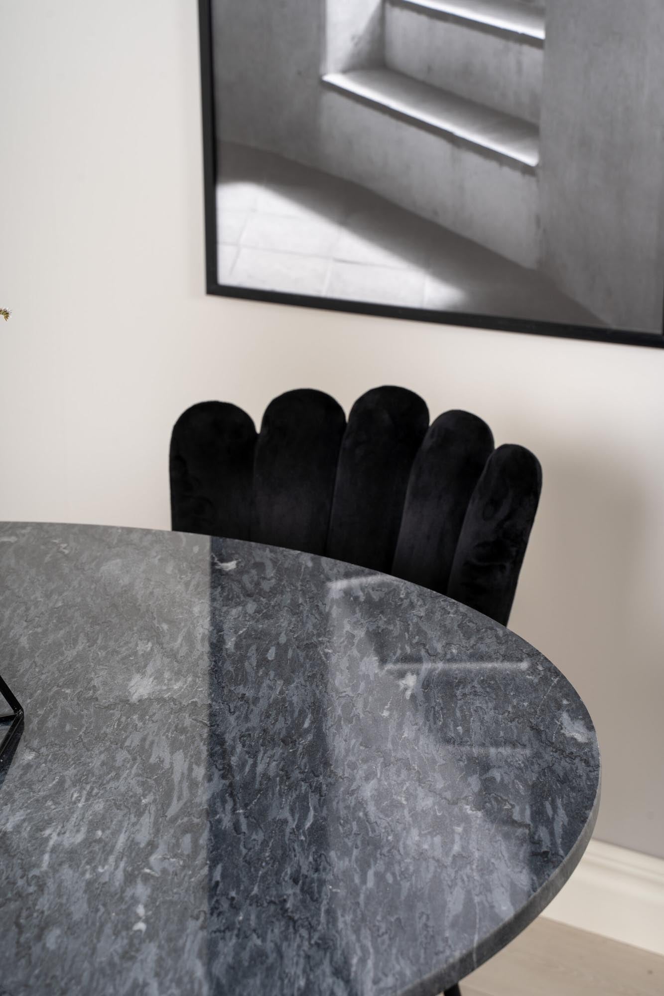 Modernes Esszimmerset Estelle mit Limhamn Stühlen, 106 cm Tisch, luxuriöse Samtpolsterung, ideal für gesellige Abende und stilvolle Einrichtung.