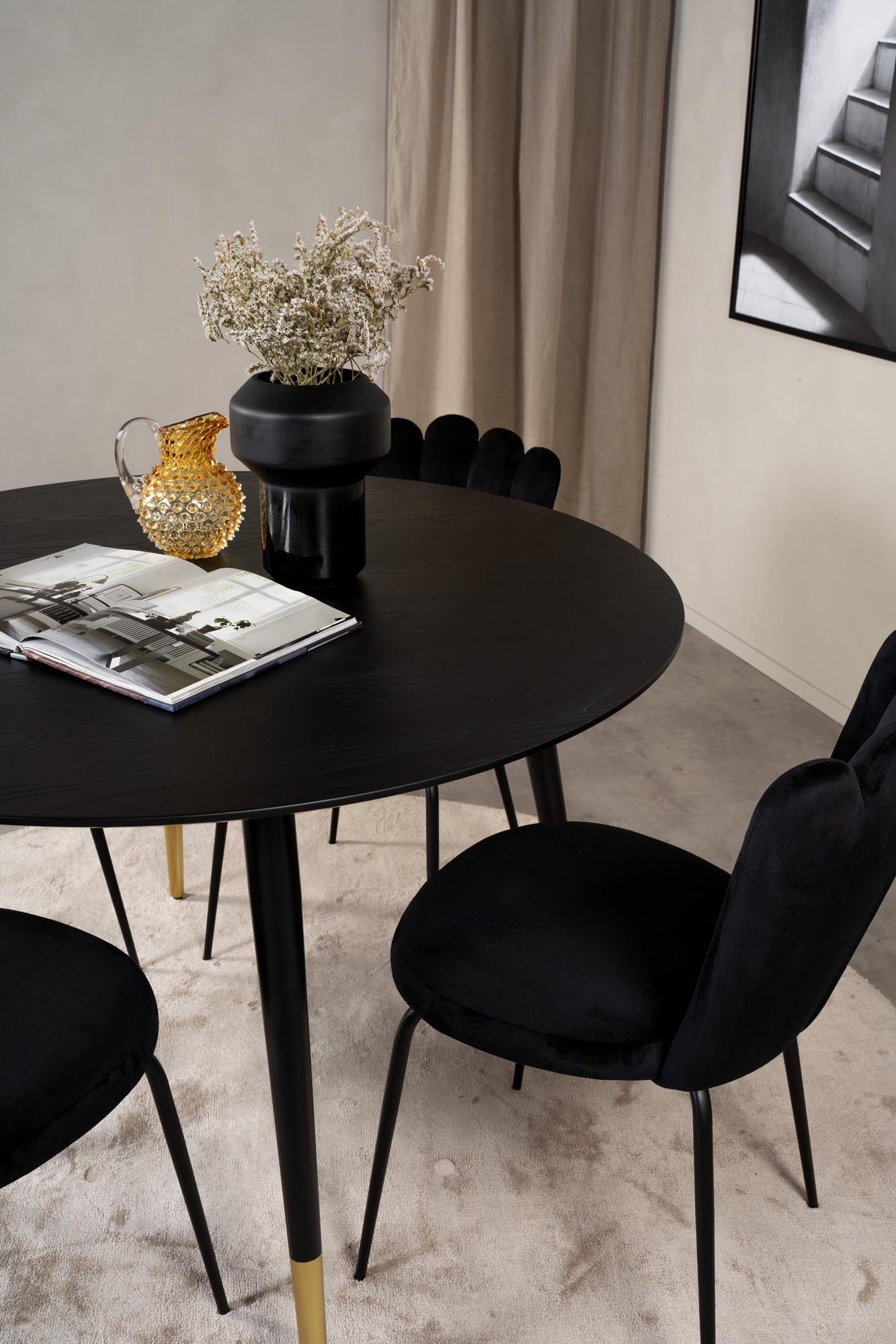 Elegantes Dipp Esszimmerset mit Limhamn Tisch und komfortablen Samtstühlen. Ideal für gesellige Abende und stilvolle Mahlzeiten.