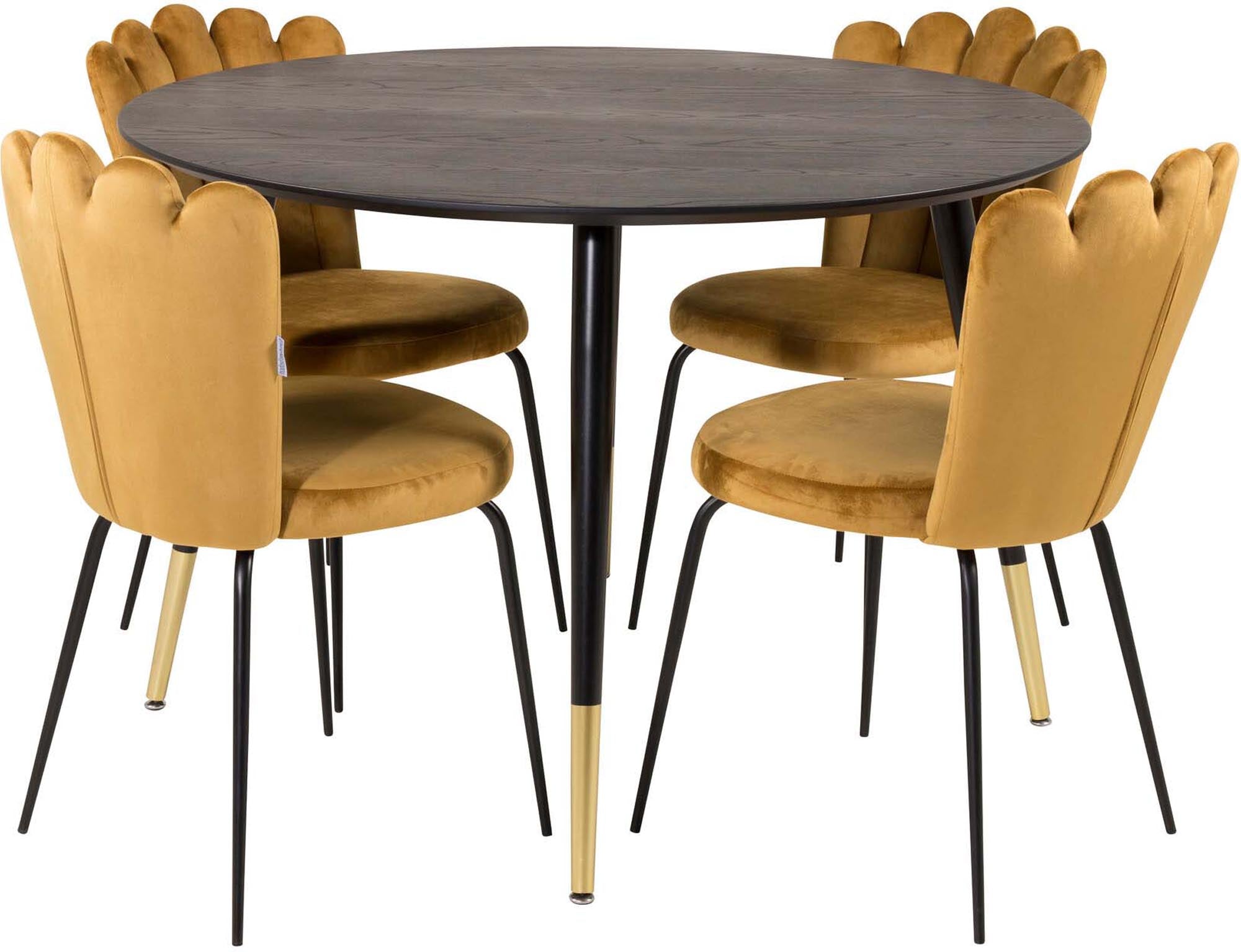 Elegantes Dipp Esszimmerset + Limhamn von Venture Home: runder Tisch mit luxuriösen goldenen Beinen und bequemen Samtstühlen für stilvolle Essensrunden.