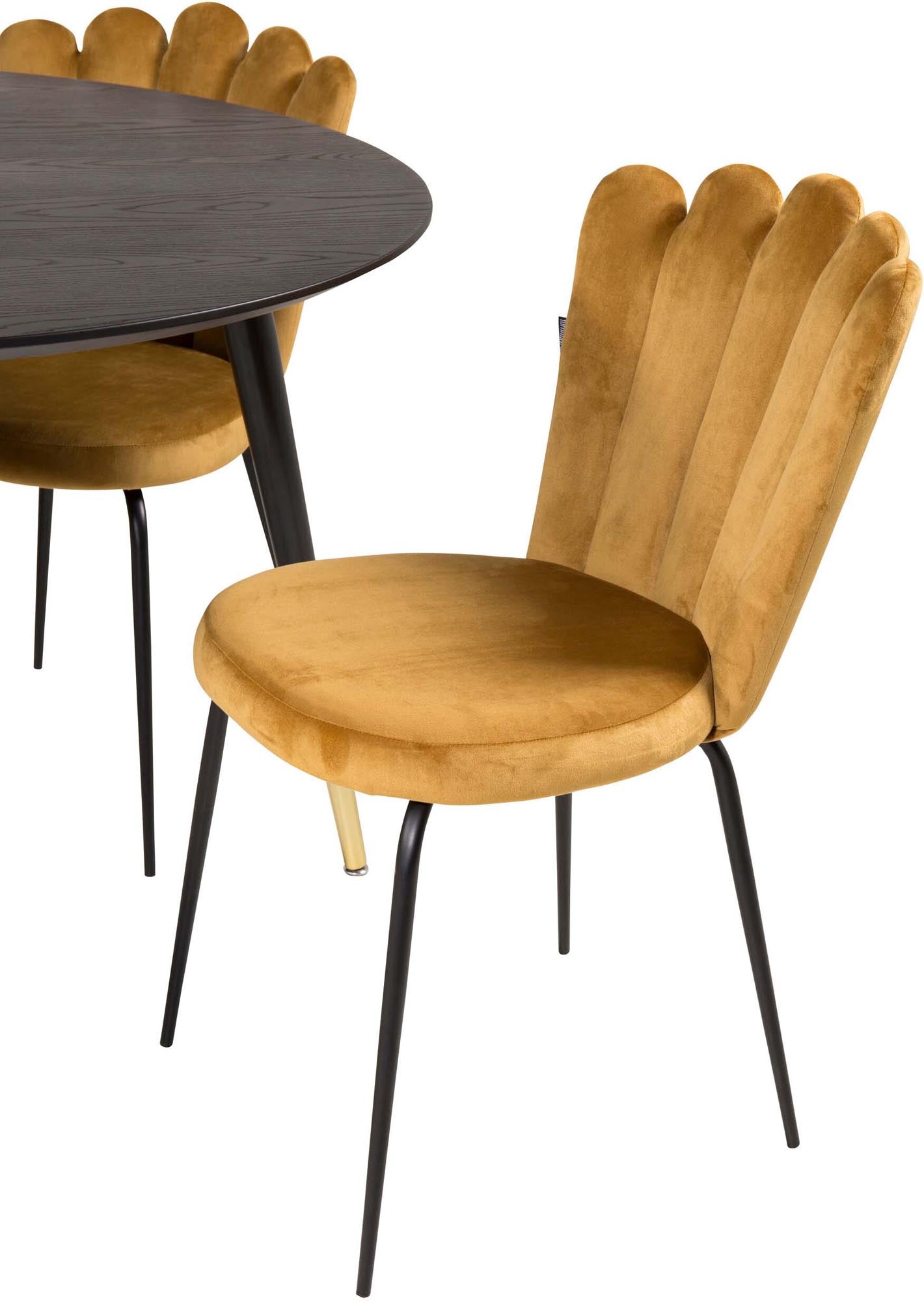 Elegantes Dipp Esszimmerset + Limhamn mit 115 cm Durchmesser und 4 komfortablen Samt-Stühlen für stilvolle Essmomente.