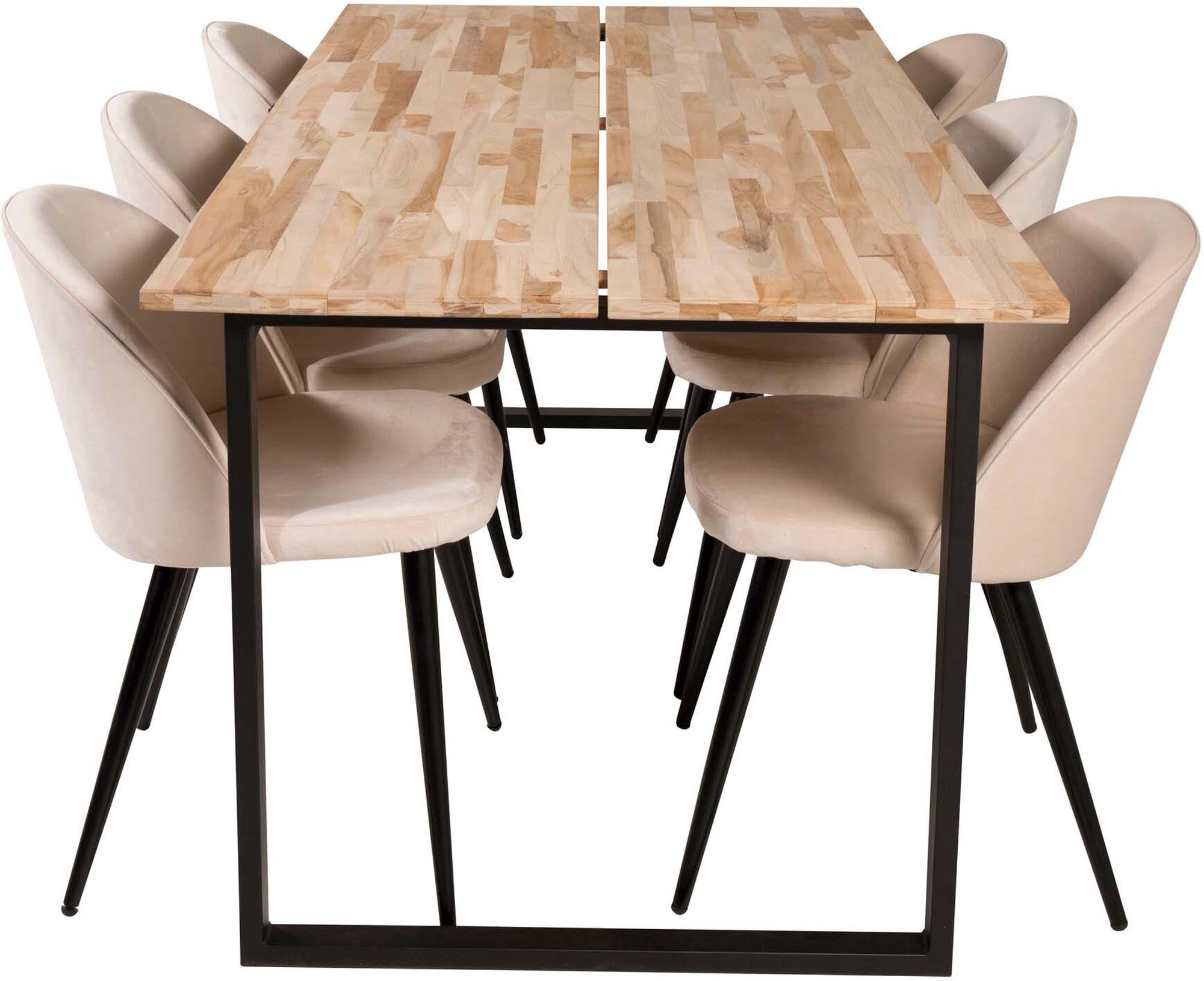 Entdecken Sie das Cirebon Esszimmerset von Venture Home: eleganter 200 cm Esstisch und bequeme Velvet-Stühle für stilvolle Esszimmer.