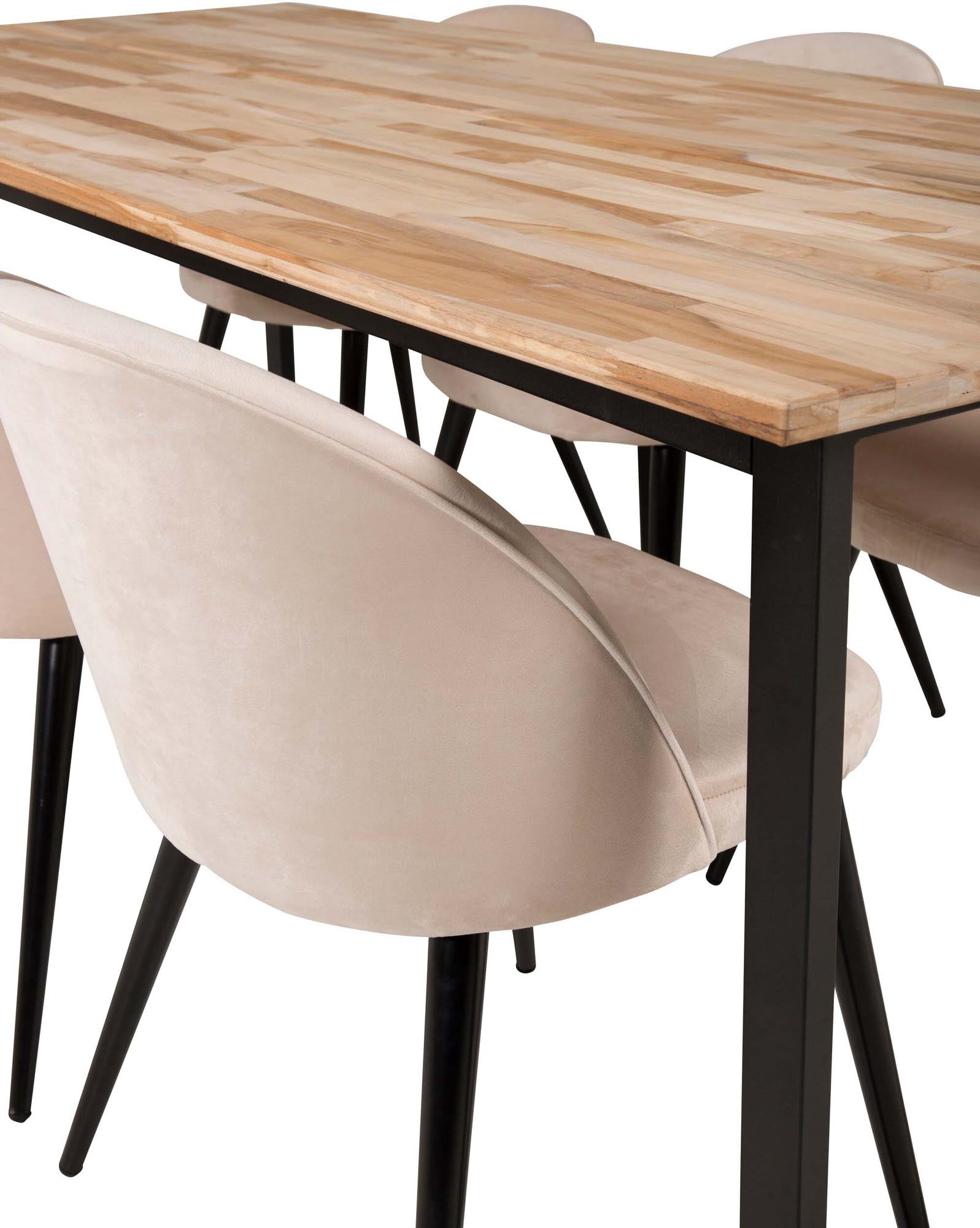 Entdecken Sie das Cirebon Esszimmerset von Venture Home: Ein 200 cm langer Tisch und 6 stilvolle Velvet-Stühle für unvergessliche Essmomente.