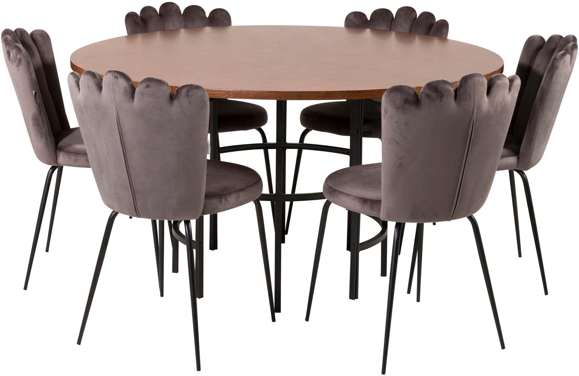 Stilvolles Esszimmerset mit schwarzem Tisch und grauen Samtstühlen, ideal für gesellige Abende.