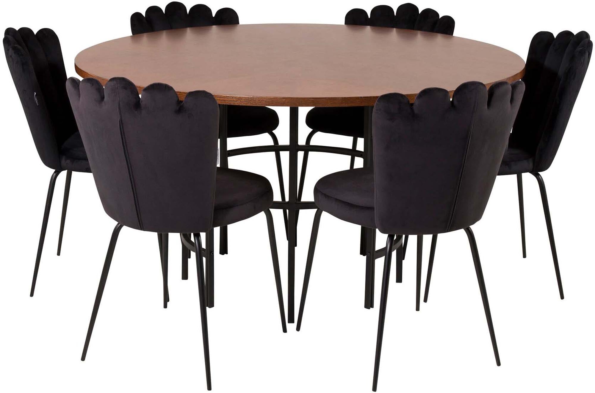 Elegantes Esszimmerset mit runden Tisch und bequemen Samtstühlen. Ideal für unvergessliche Dinnerpartys und gemütliche Familienabende.