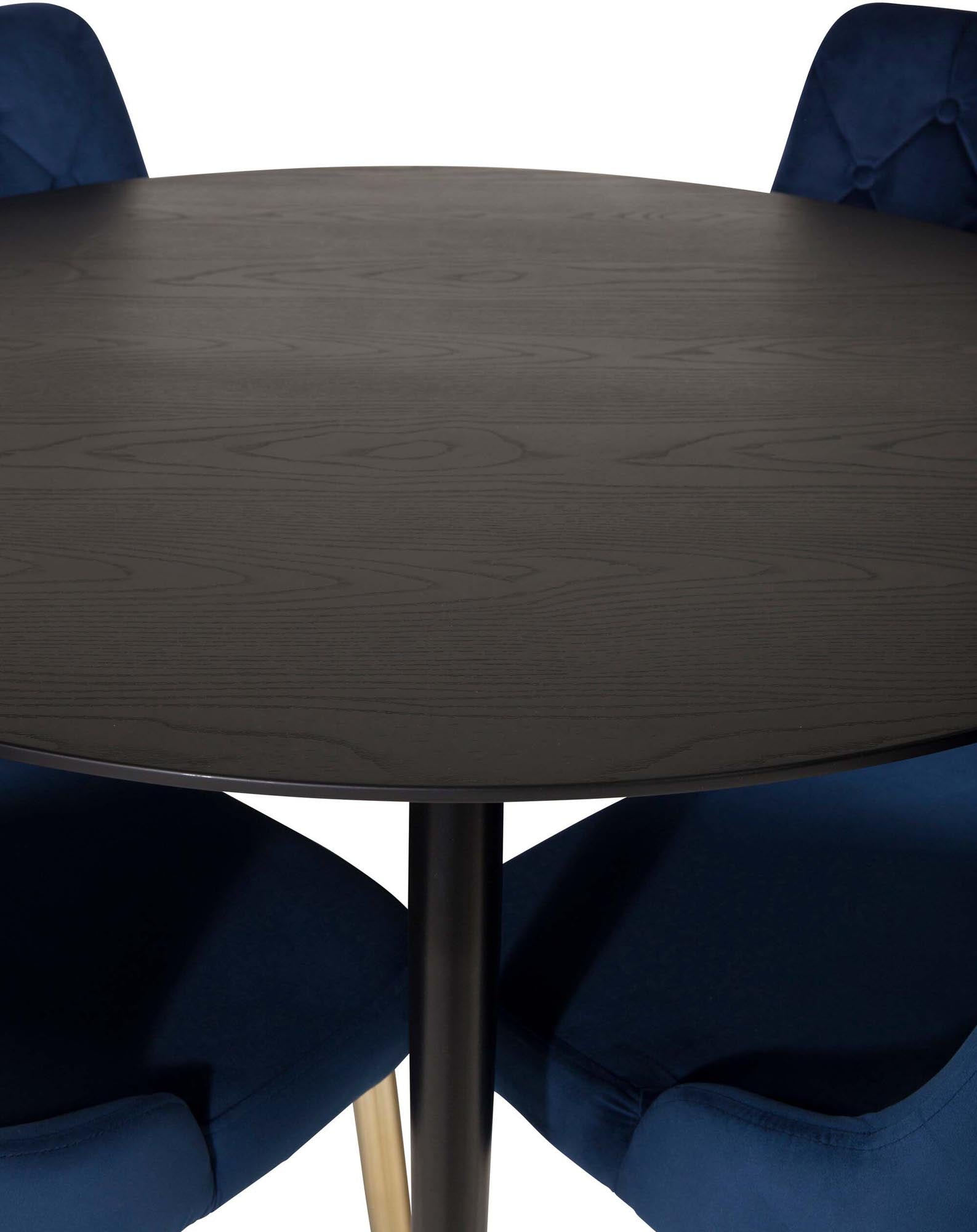 Elegantes Dipp Esszimmerset mit runden Tisch und luxuriösen Velvet-Stühlen. Ideal für gesellige Abende und stilvolle Anlässe!