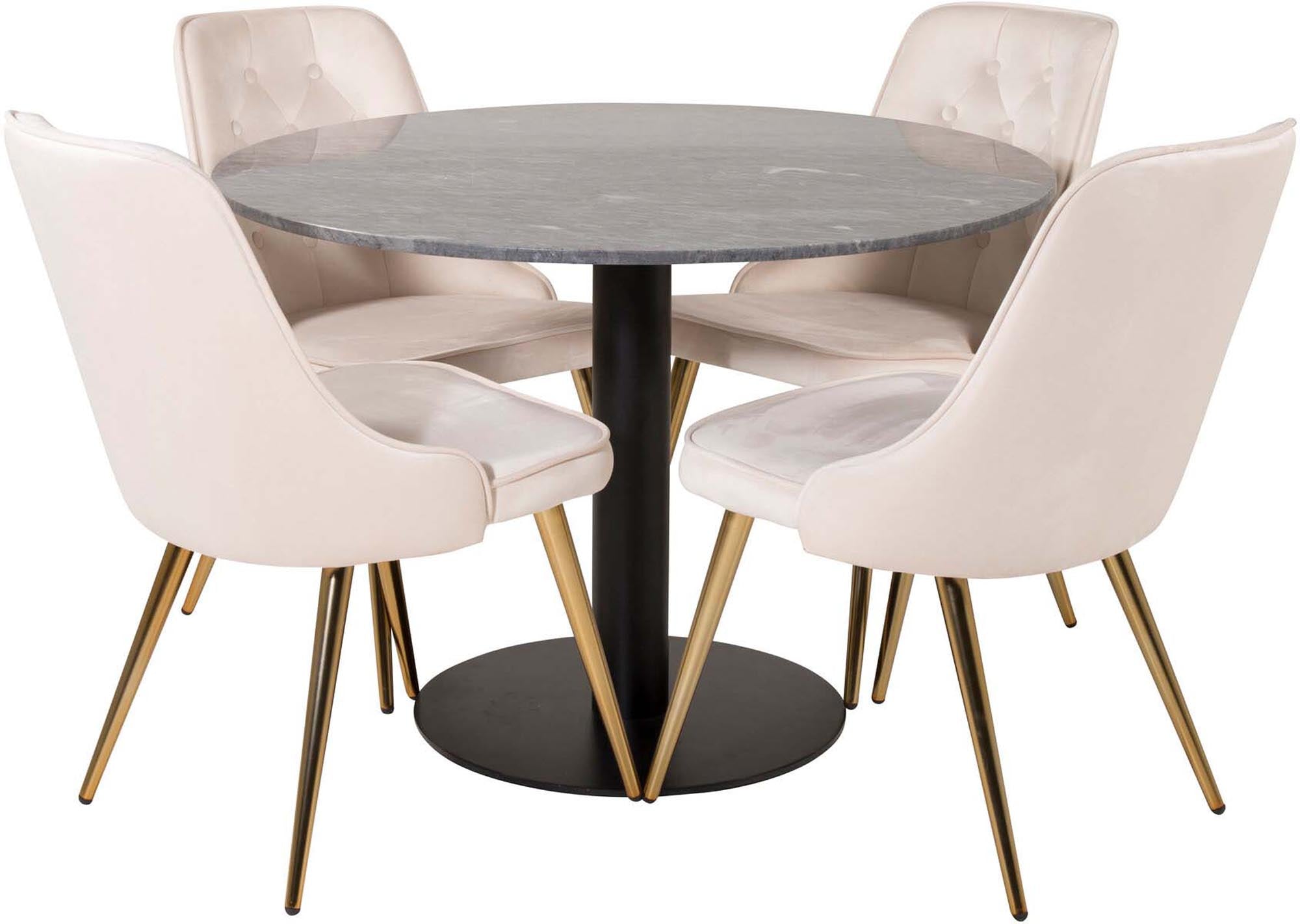 Stilvolles Esszimmerset mit edler Marmortischplatte und luxuriösen Samtstühlen für höchsten Komfort und einladende Atmosphäre.