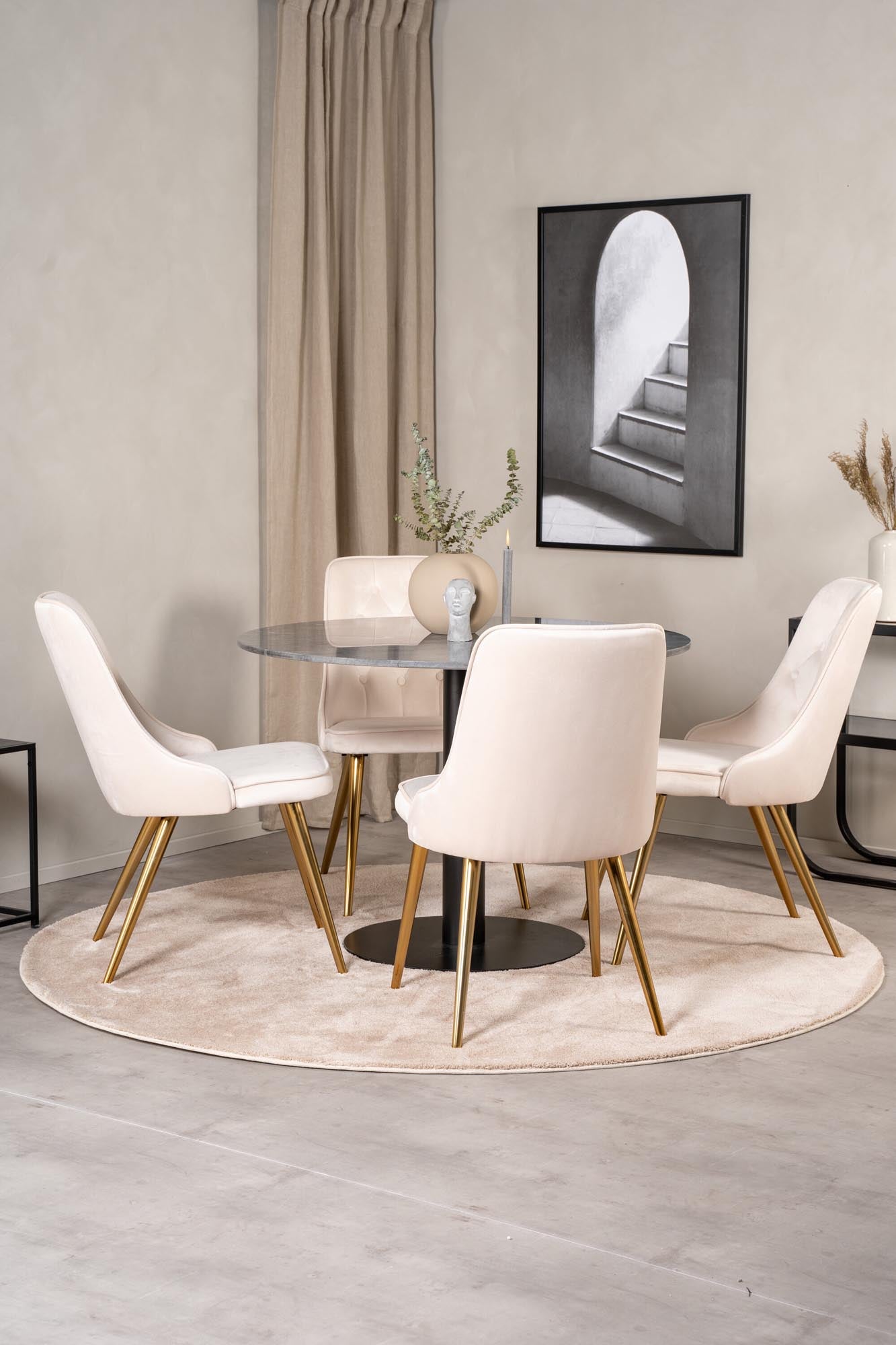 Elegantes Esszimmerset mit runder Marmortischplatte und ergonomischen Samtstühlen. Ideal für gesellige Abende und stilvolle Anlässe.