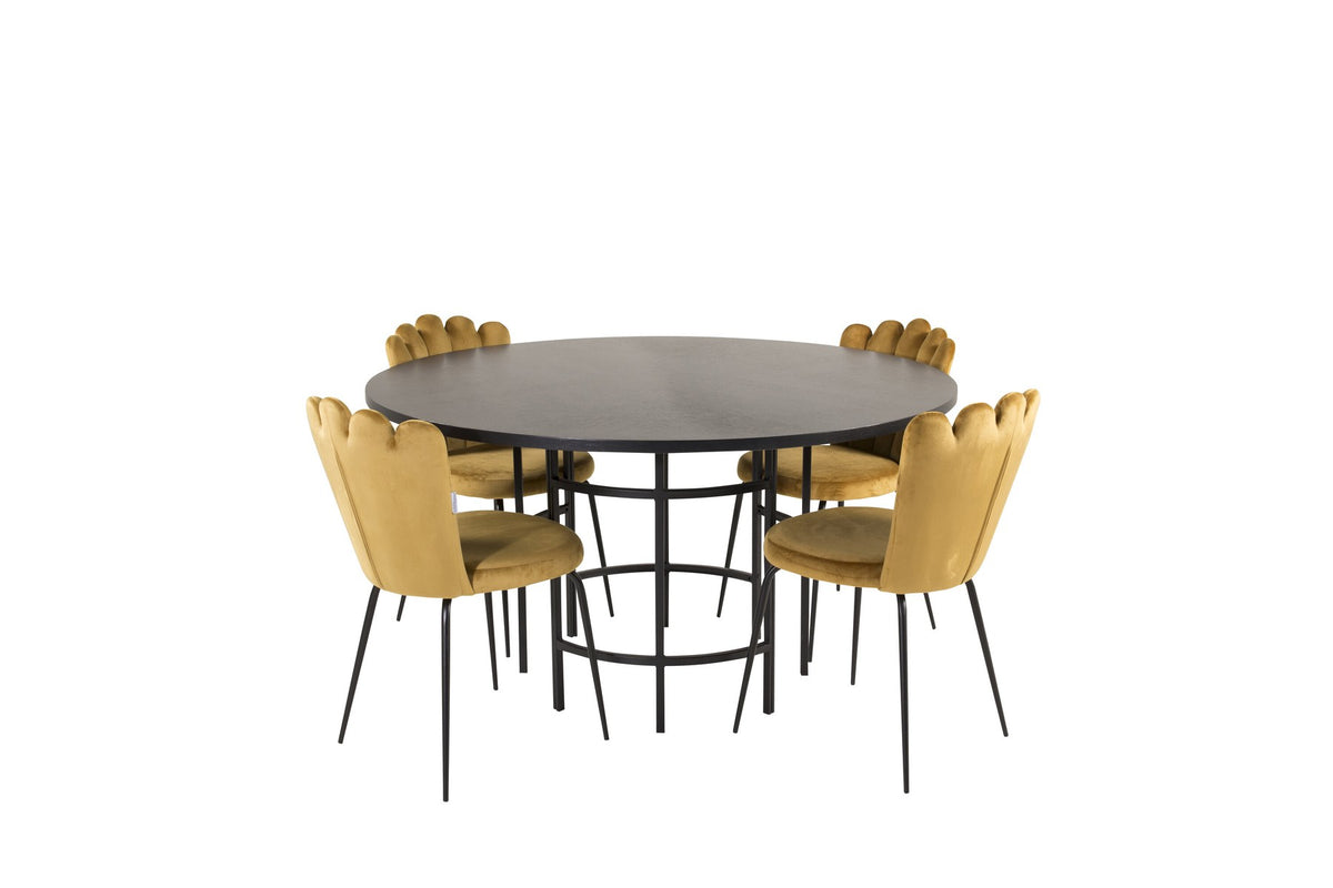 Esszimmerset Copenhagen + Limhamn Light: schwarze Tischplatte aus MDF und Furnier auf Stahlgestell, sechs gelbe Stühle mit Stahlbeinen.