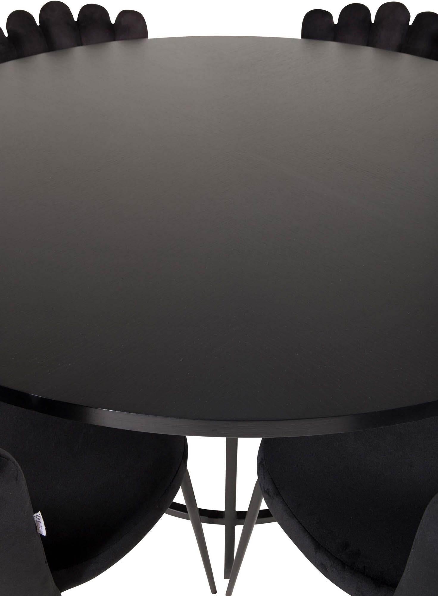 Elegantes Esszimmerset mit runden Tisch und Samtstühlen für stilvolle Dinnerpartys. Ideal für bis zu 6 Personen.