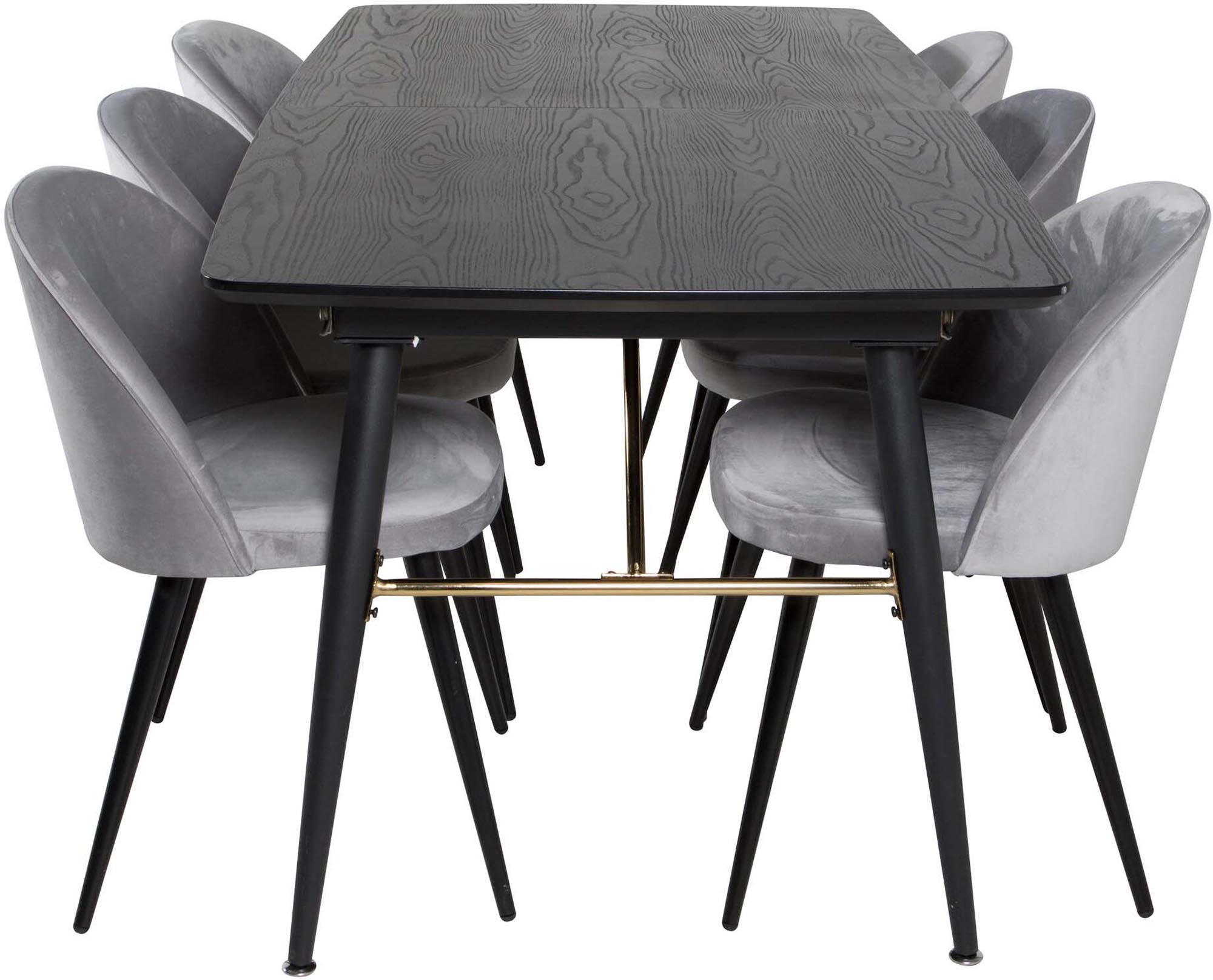 Stilvolles Gold Esszimmerset, ausziehbar, 6 Velvet Stühle, 180cm.