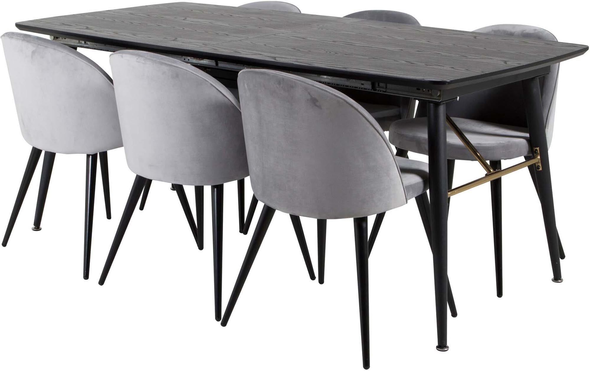 Elegantes, ausziehbares Esszimmerset in Gold mit 180 cm Tisch und 6 luxuriösen Samtstühlen für höchsten Komfort und stilvolles Ambiente.