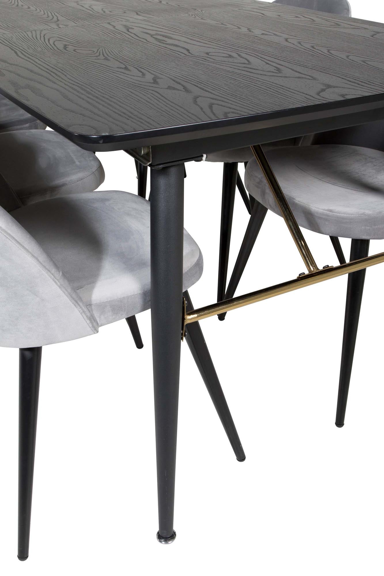 Elegantes Gold Esszimmerset mit ausziehbarem Tisch (180 cm) und 6 luxuriösen Samtstühlen. Perfekt für festliche Anlässe und gemütliche Abende.