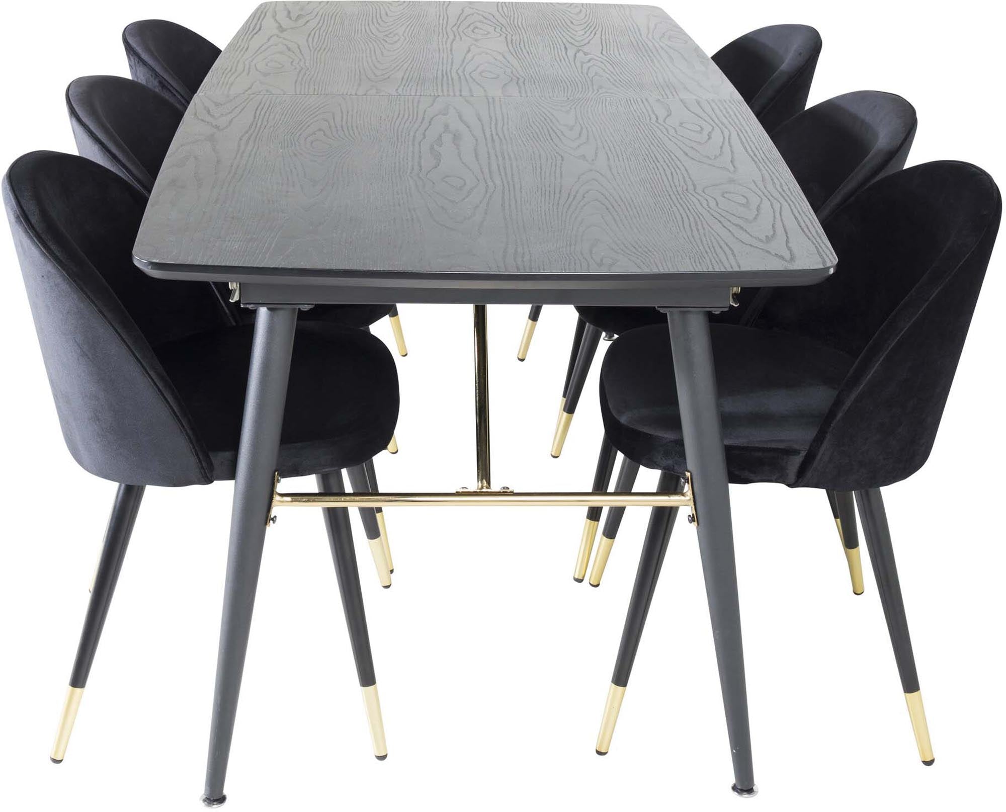 Elegantes Esszimmerset in Gold, ausziehbar, 6 Samtstühle, 180cm.