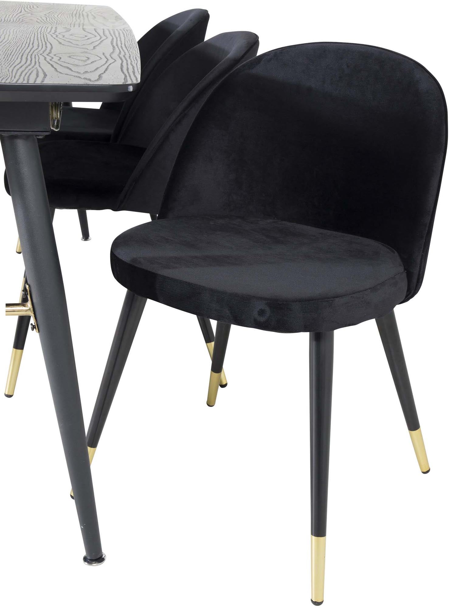 Elegantes, ausziehbares Esszimmerset in Gold mit 180 cm Tisch und 6 stilvollen Samt-Stühlen für höchsten Komfort und modernes Wohnen.