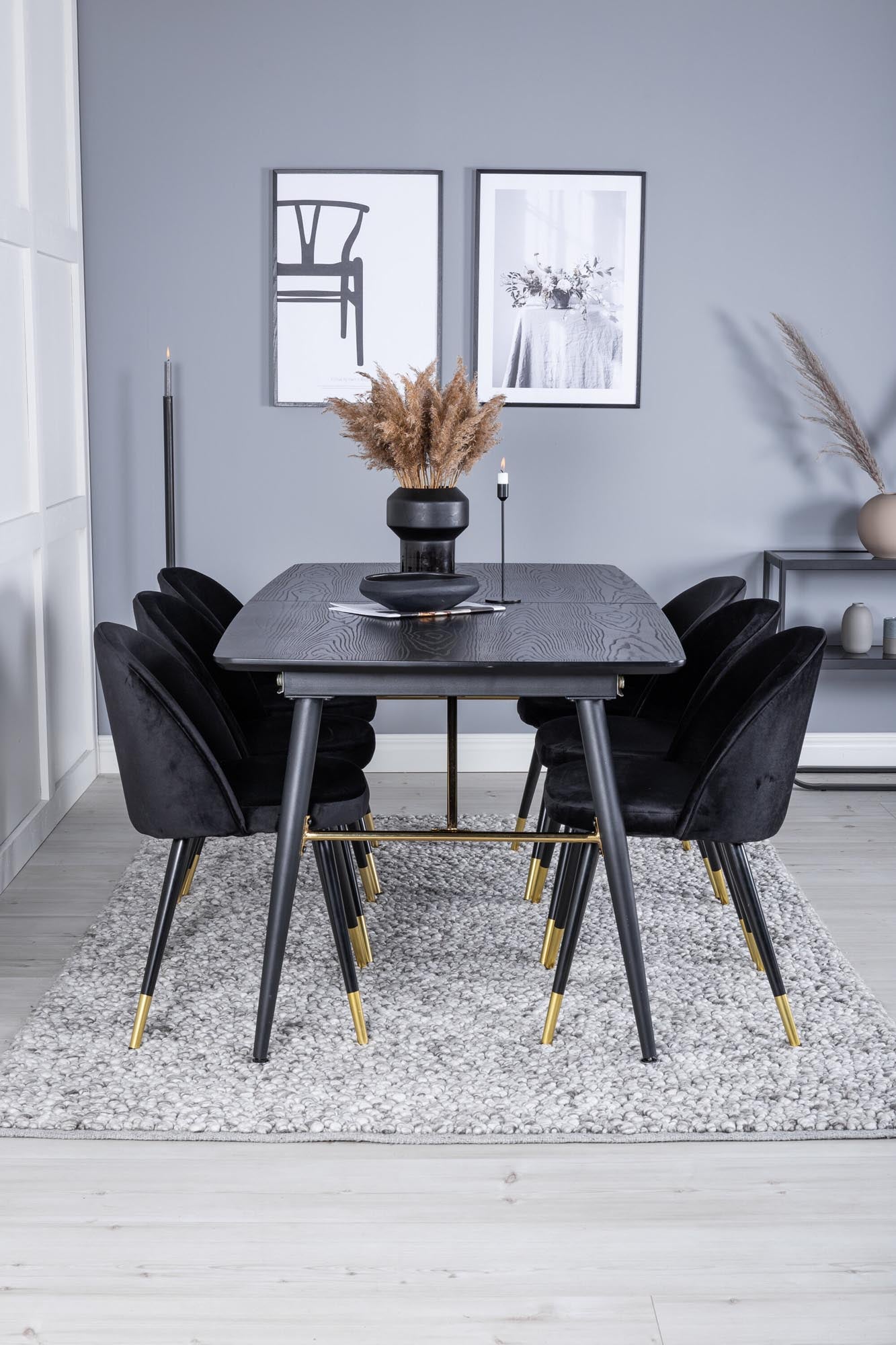 Elegantes Esszimmerset in Gold, ausziehbar, 180cm, 6 Samtstühle.