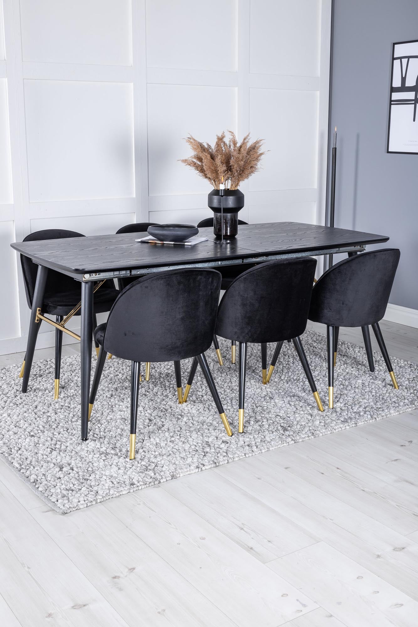 Stilvolles Gold Esszimmerset, erweiterbar, 180cm, 6 Velvet Stühle.