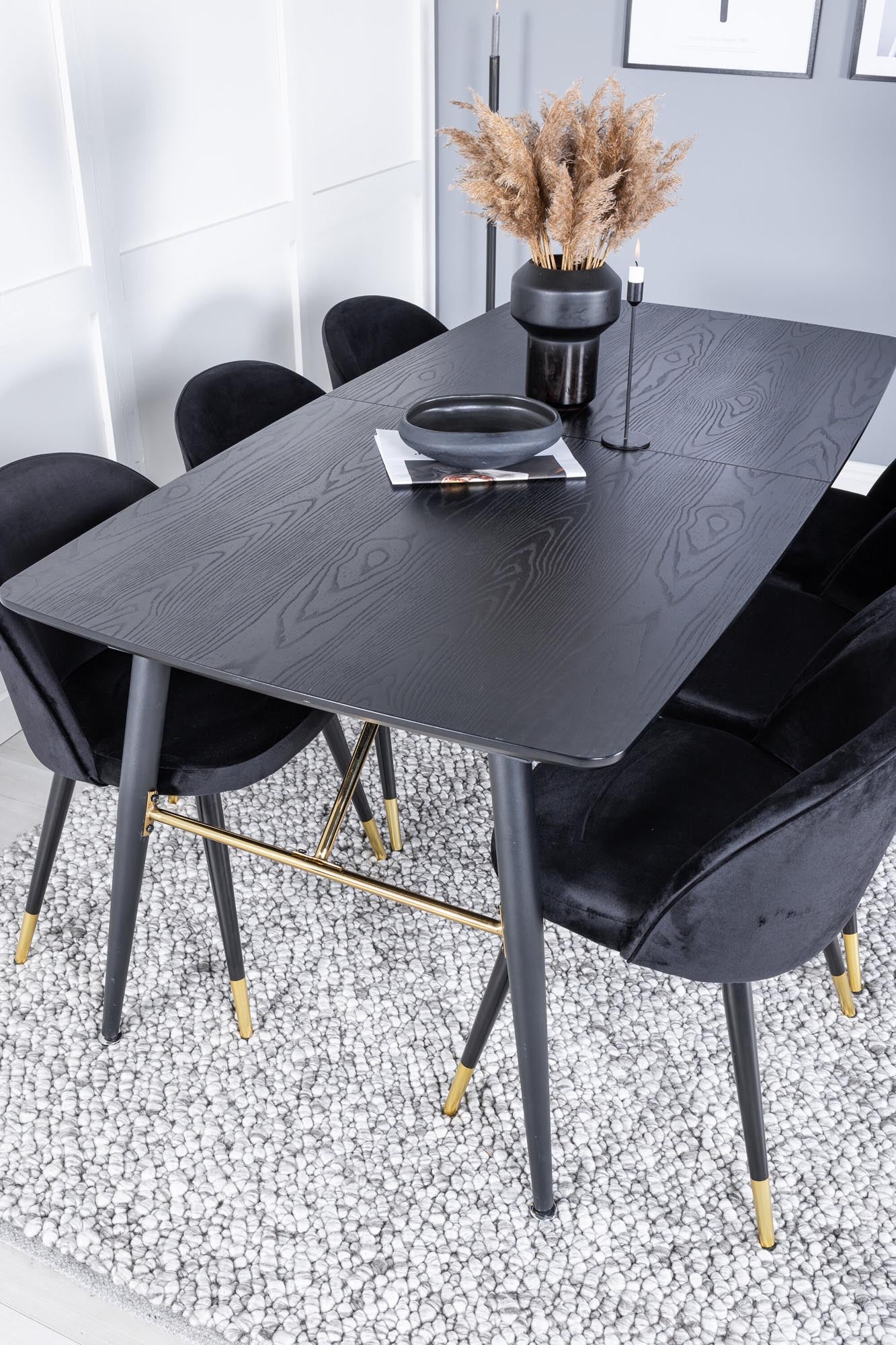 Elegantes Esszimmerset in Gold, ausziehbar, 180cm, 6 Samtstühle.